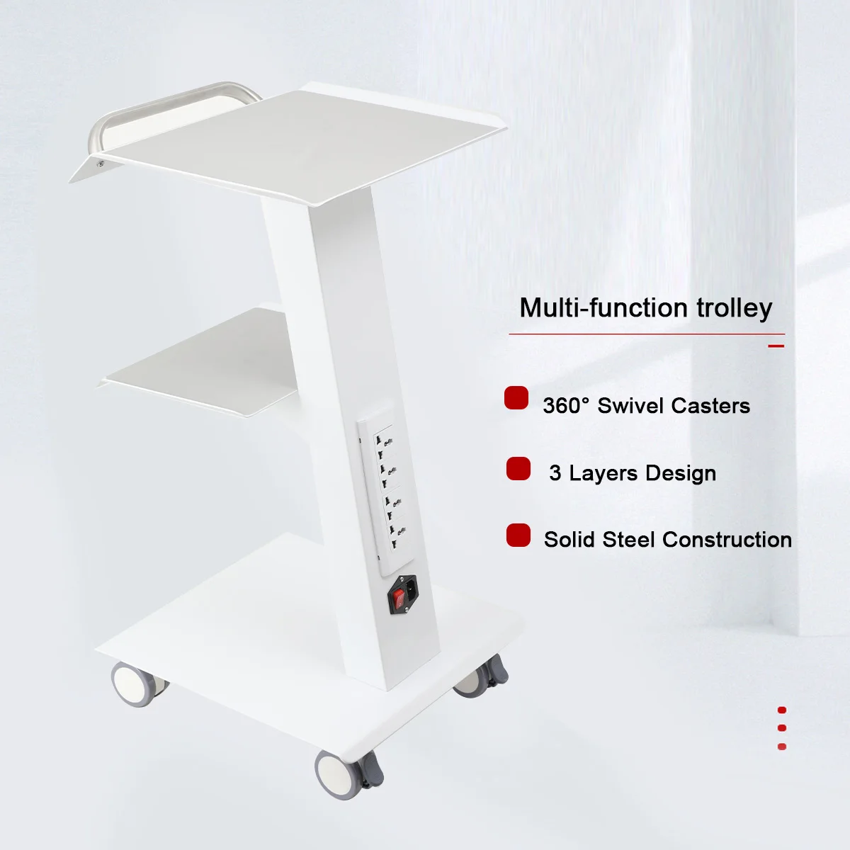 Multi-Functional Salon Trolley Cart Steel 3-Tier 4 Power Outlets for Beauty Medical Lab Dental Hospital Use