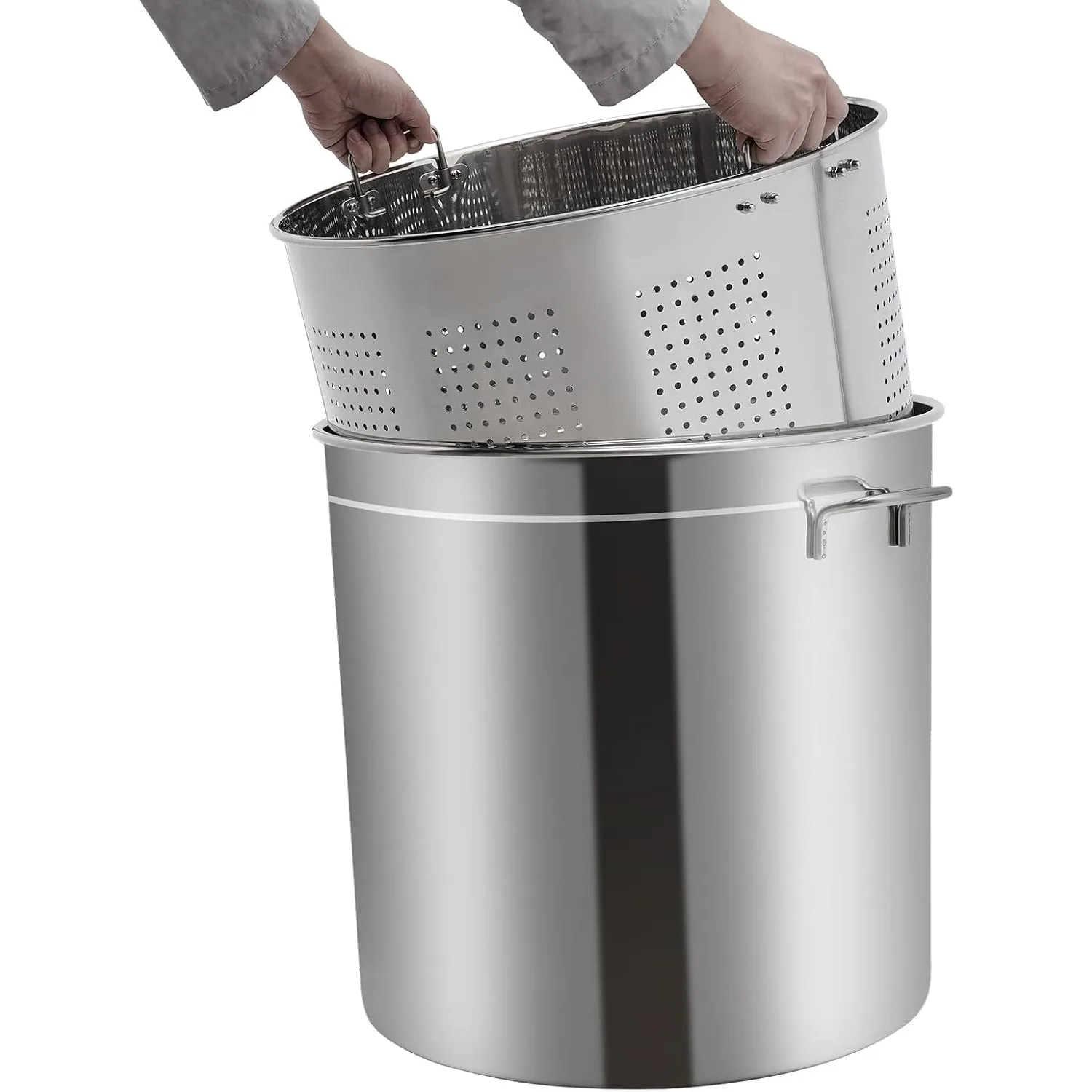 100L Stainless Steel Stockpot, Polished Finish, Cooking Pot with Lid and Basket,Multi-Purpose for Steam/Fry/Boil, 50Qt/42.26Qt