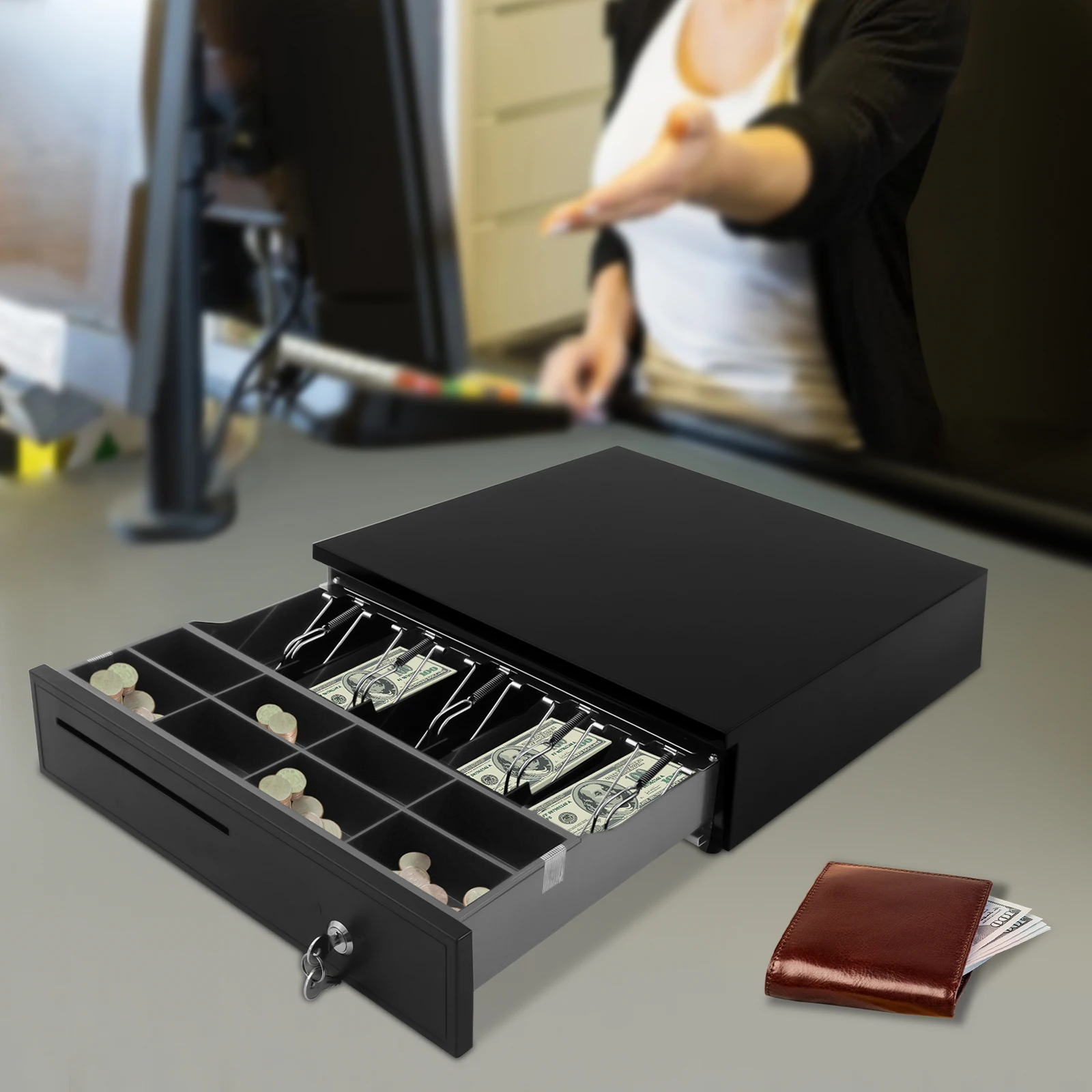 Black Eight Grid Cash Box 405 Cash Register Drawer Cash Register Drawer With 3-Position Lock For Hotels Supermarkets Hospital