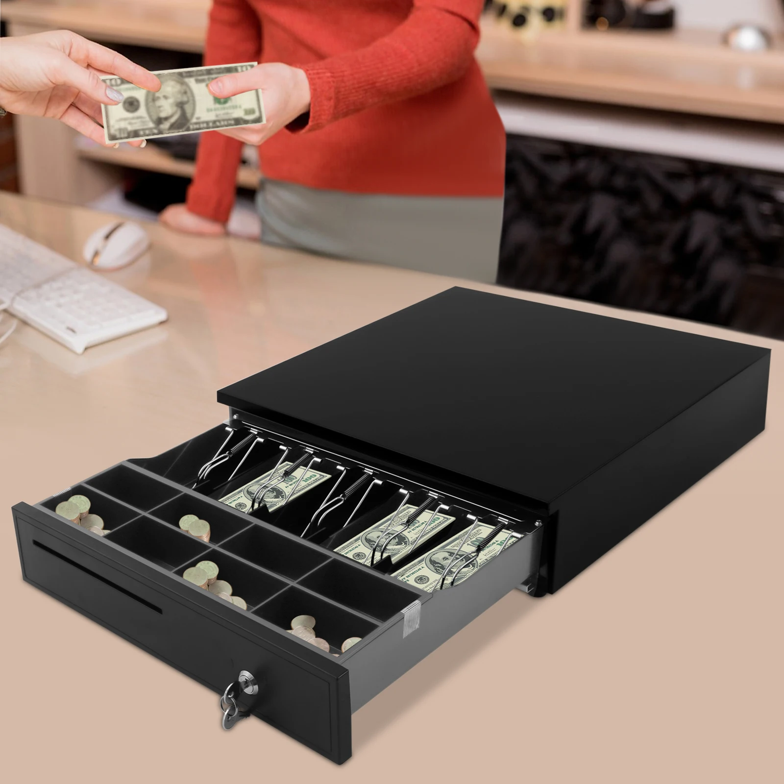 Black Eight Grid Cash Box 405 Cash Register Drawer Cash Register Drawer With 3-Position Lock For Hotels Supermarkets Hospital