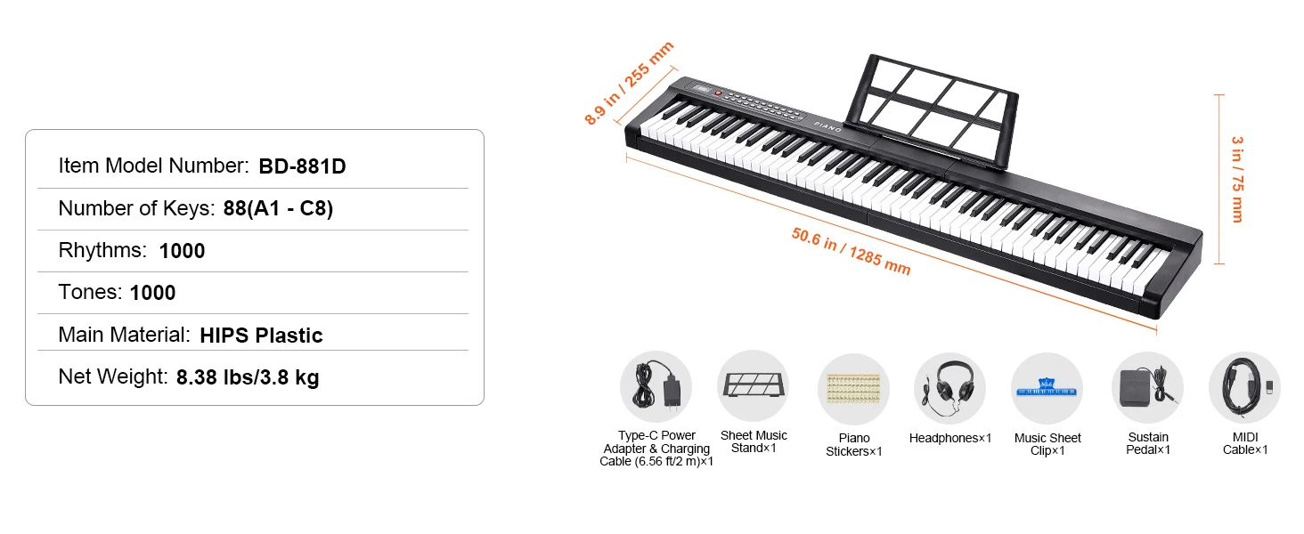 SucceBuy 88 Key Digital Piano Keyboard Semi Weighted Keys Full Size Electric Portable Keyboard Piano Set 1000Tones for Beginners