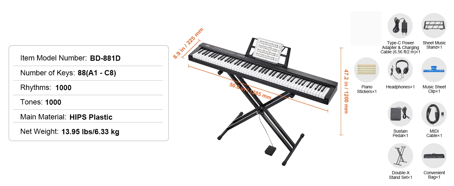 SucceBuy 88 Key Digital Piano Keyboard Semi Weighted Keys Full Size Electric Portable Keyboard Piano Set 1000Tones for Beginners