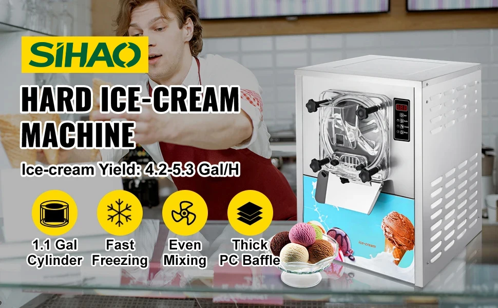 SIHAO Commercial Ice Cream Machine 1400W Hard Ice Cream Maker 16-20L/H Stainless Steel Frozen Dessert Equipment