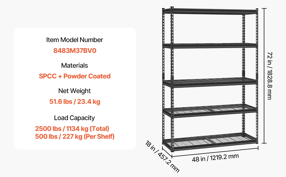 SucceBuy 5 Tier Metal Storage Shelves Height Adjustable Garage Shelving Racking Freestanding Shelf Unit for Industrial Warehouse