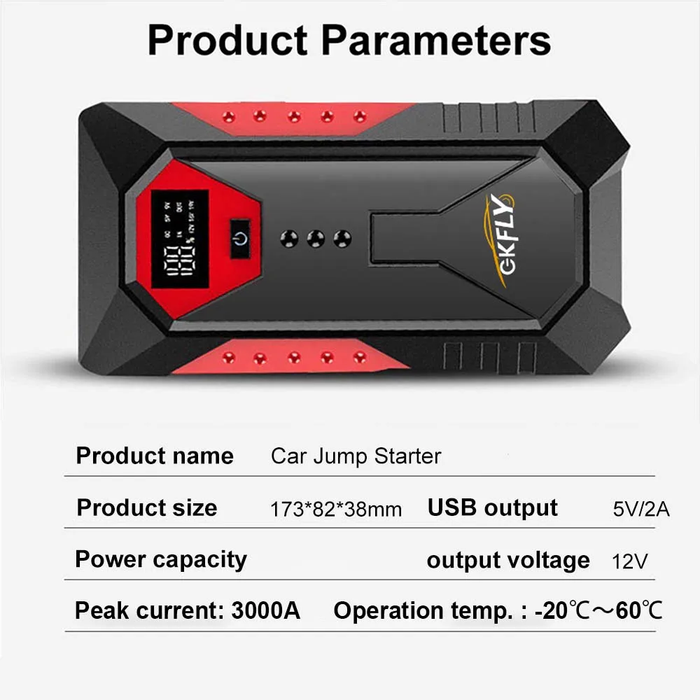 GKFLY 2000A Portable Car Jump Starter Power Bank Car Booster Charger 12V Starting Device Petrol Diesel Car Emergency Booster
