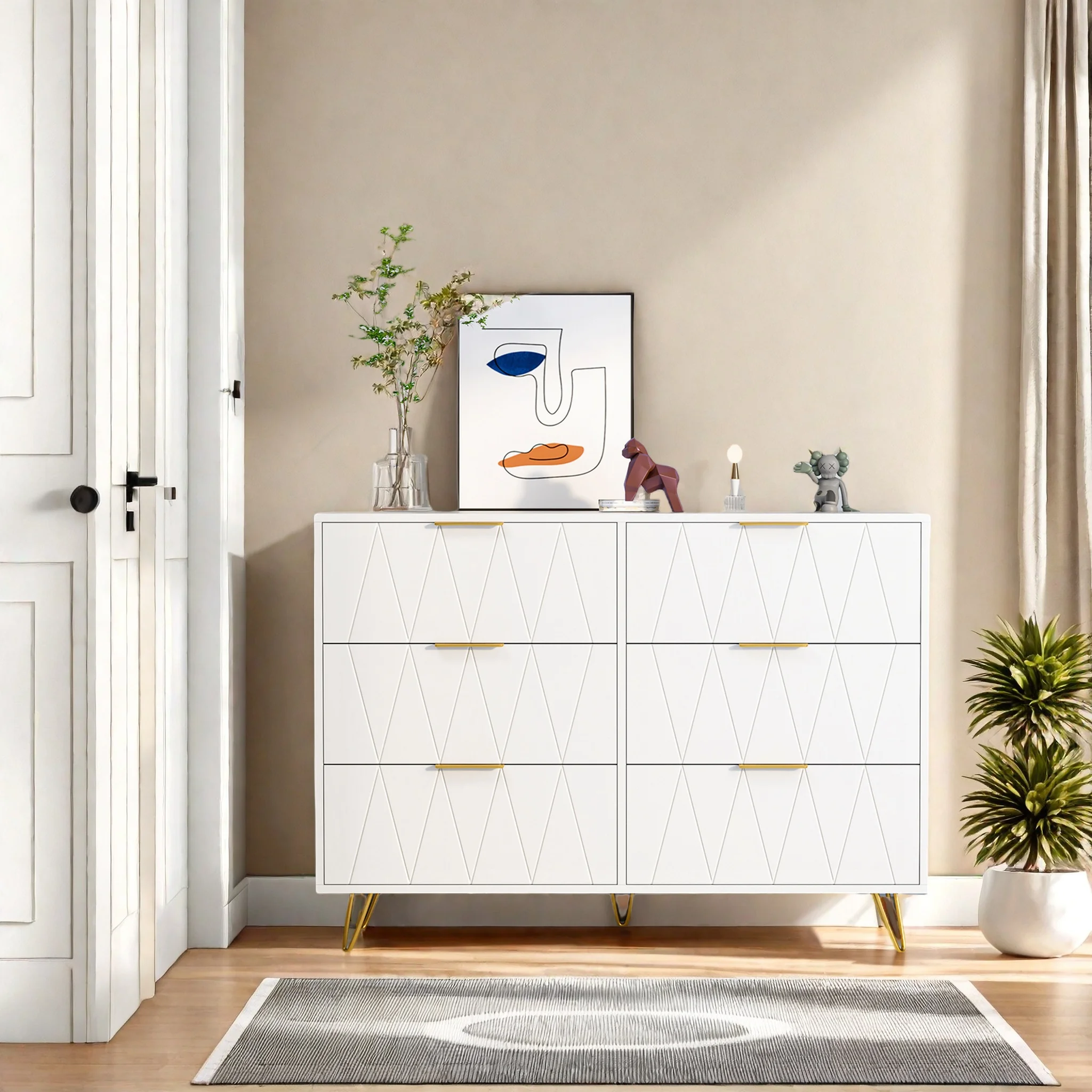 ROSAHQNDA 6-drawer chest of drawers, 4-drawer dresser, modern storage cabinet with metal legs, creative MDF storage cabinet