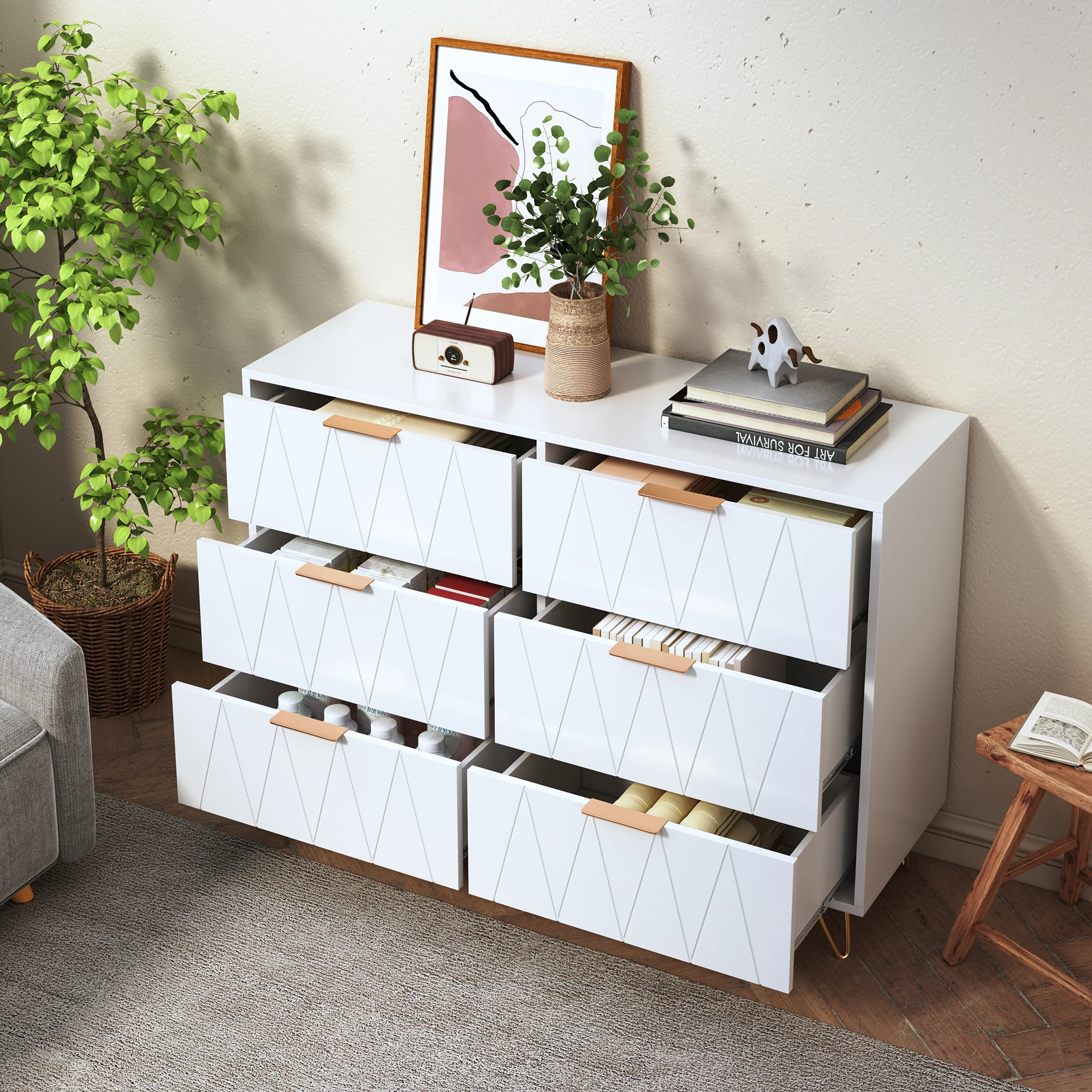 ROSAHQNDA 6-drawer chest of drawers, 4-drawer dresser, modern storage cabinet with metal legs, creative MDF storage cabinet