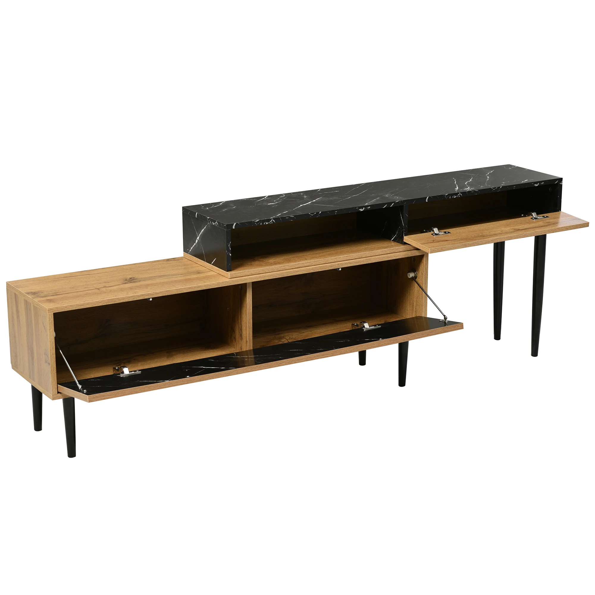 Modern TV Cabinet Stand with Marble and Wood Grain Design, PVC Edge, Iron Legs, Dark Wood Color, Home Decoration, Space Saving