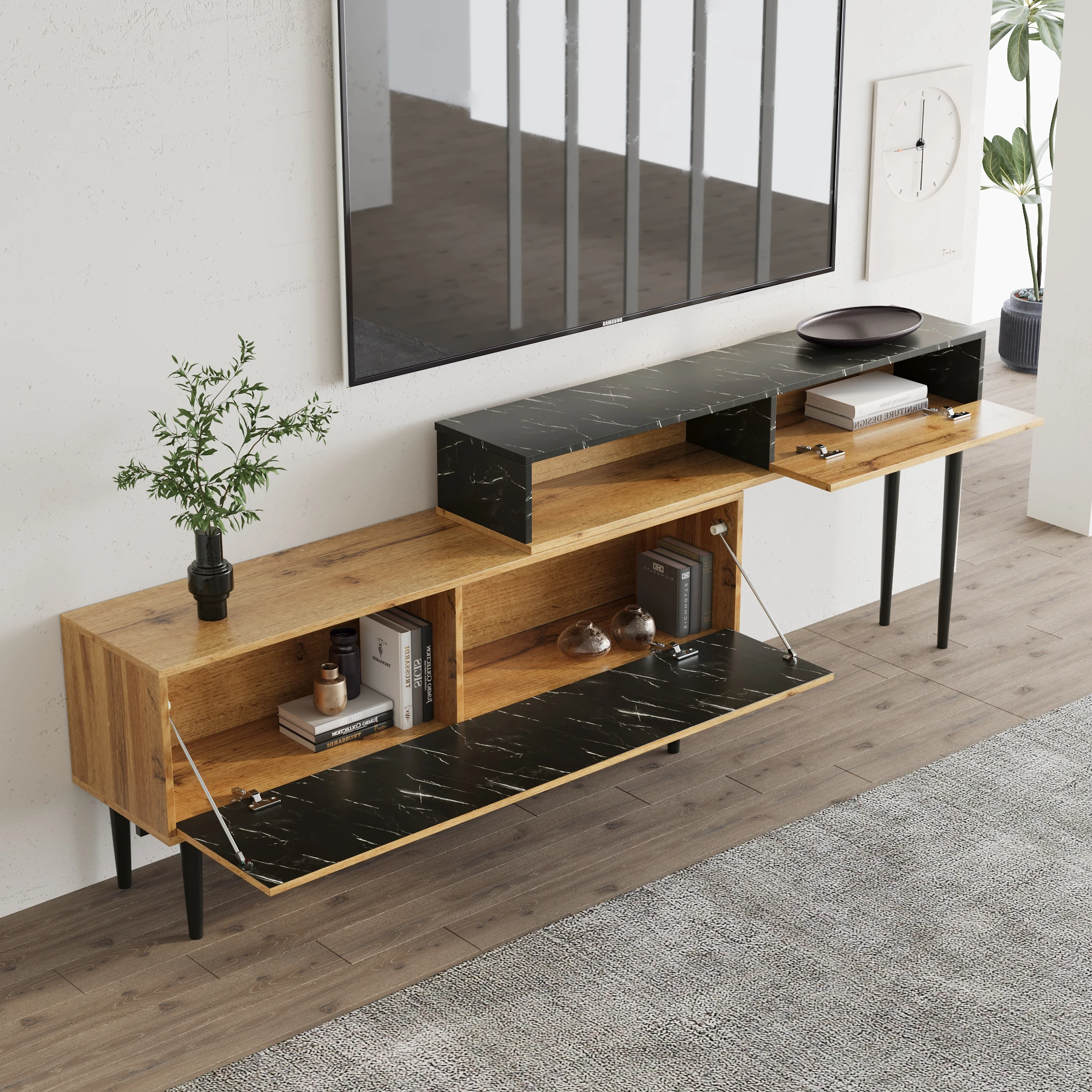 Modern TV Cabinet Stand with Marble and Wood Grain Design, PVC Edge, Iron Legs, Dark Wood Color, Home Decoration, Space Saving