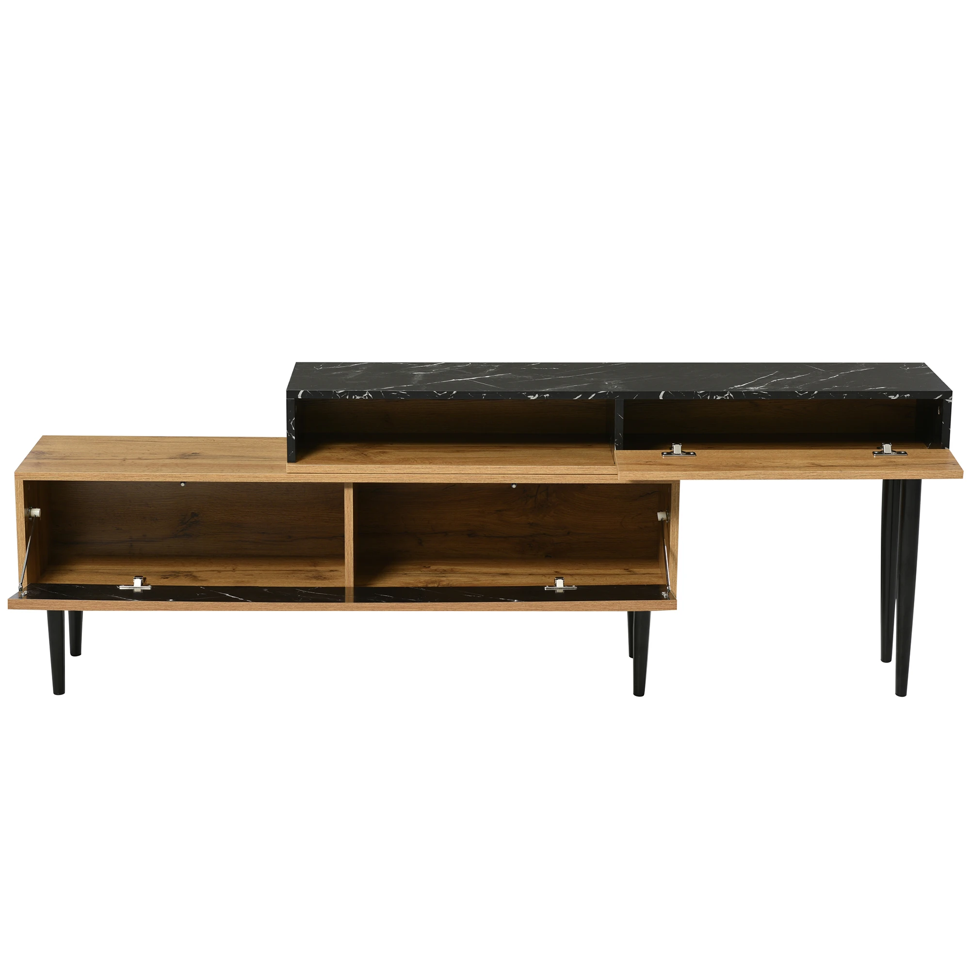 Modern TV Cabinet Stand with Marble and Wood Grain Design, PVC Edge, Iron Legs, Dark Wood Color, Home Decoration, Space Saving