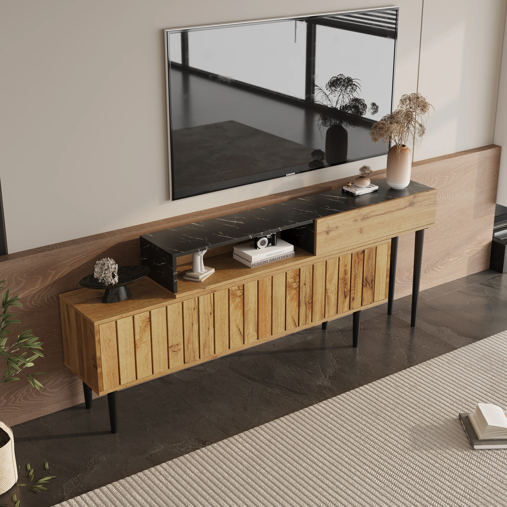 Modern TV Cabinet Stand with Marble and Wood Grain Design, PVC Edge, Iron Legs, Dark Wood Color, Home Decoration, Space Saving