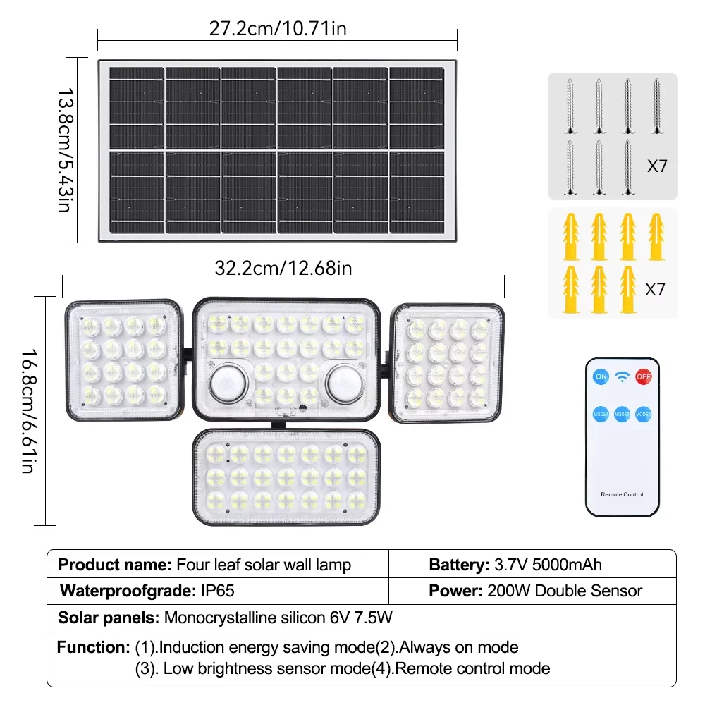Solar LED Floodlight 5000mah Battery Dual Sensor Head