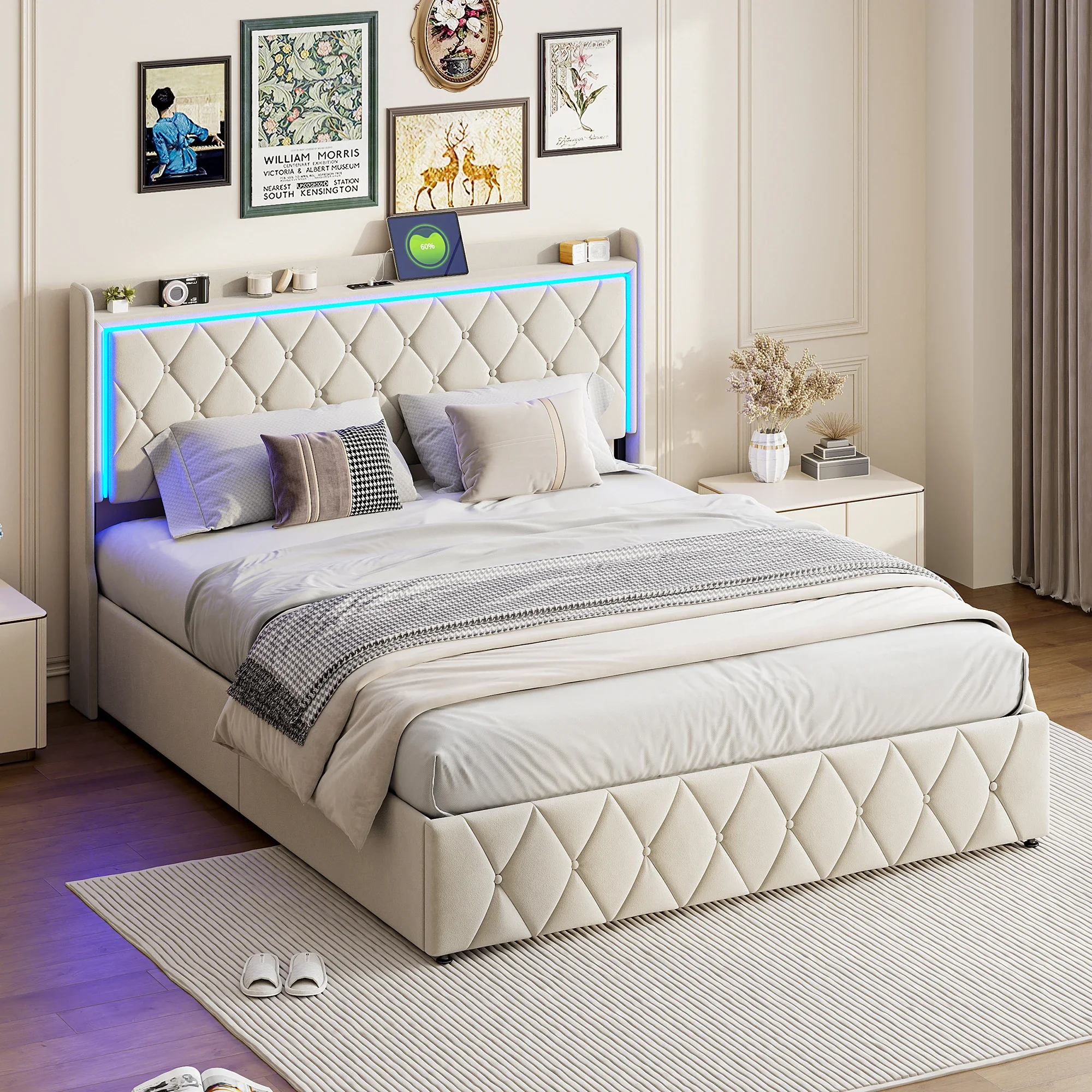 Anajqaqia Upholstered Double Bed 140x200cm with USB & LED Headboard Hydraulic Storage Bed Frame with Slatted Frame Velvet Beige