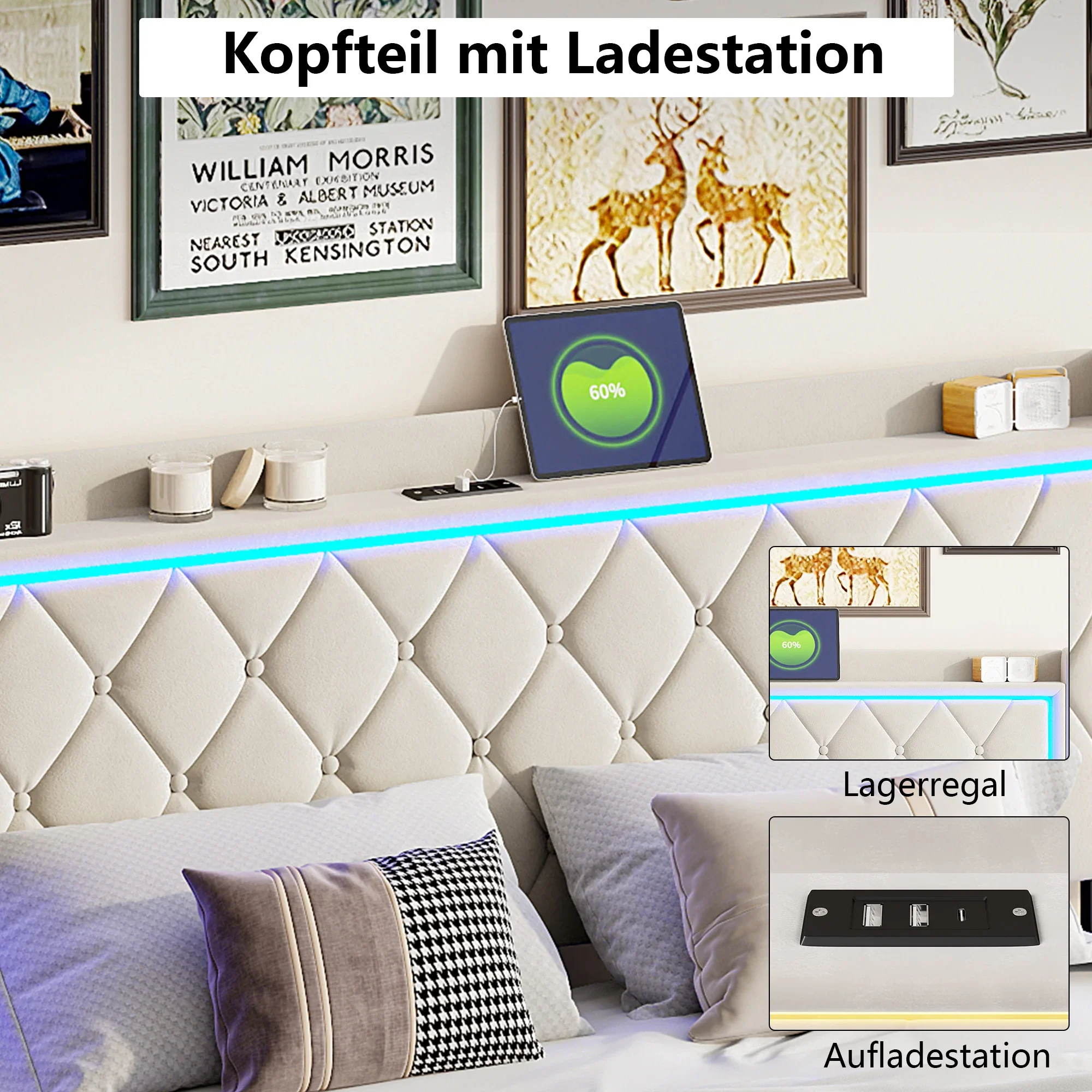 Anajqaqia Upholstered Double Bed 140x200cm with USB & LED Headboard Hydraulic Storage Bed Frame with Slatted Frame Velvet Beige