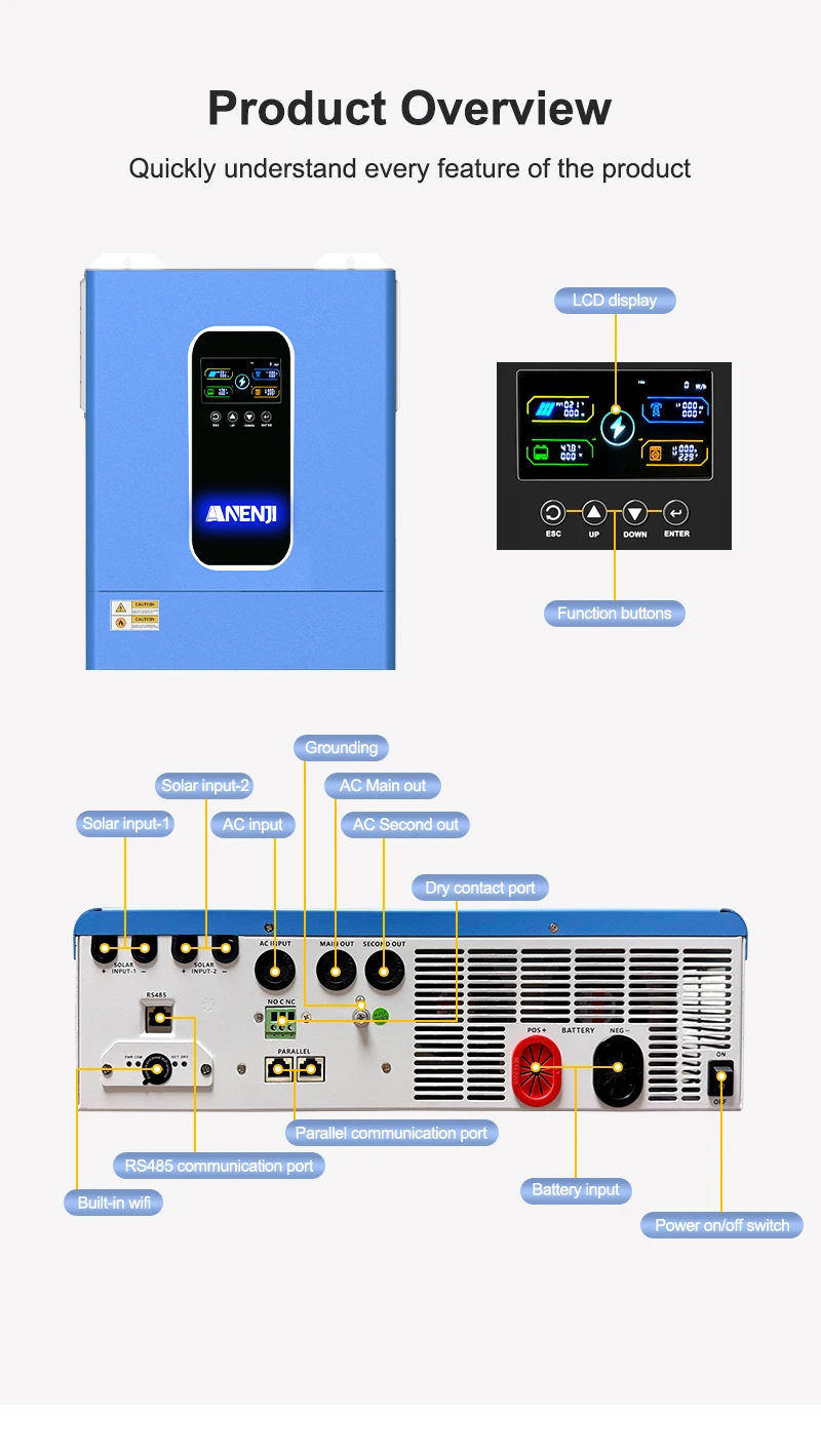 11KW Parallel Hybrid Solar Inverter 48V 230VAC MPPT Off Grid Tie Photovoltaic Inverter Pure Sine Wave 160A Solar Charger PV 500V