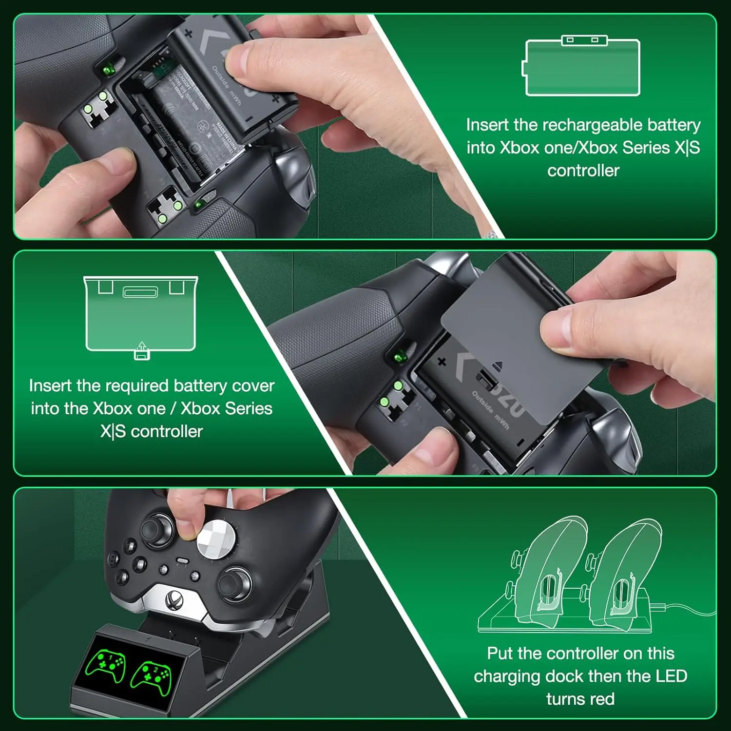 DinoFire S06 Xbox Controller Battery Pack - 2x 1200mAh Rechargeable, High Speed Charging Station, Black