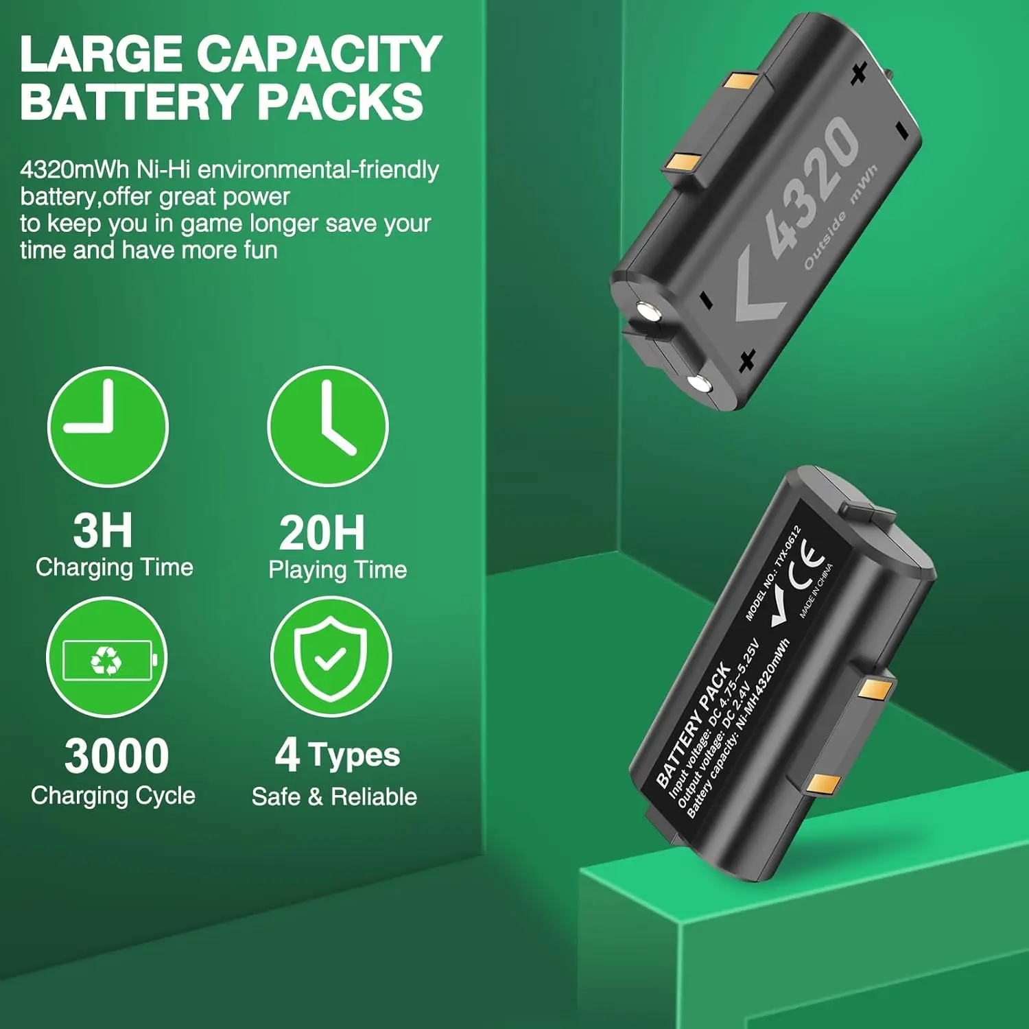 DinoFire S06 Xbox Controller Battery Pack - 2x 1200mAh Rechargeable, High Speed Charging Station, Black
