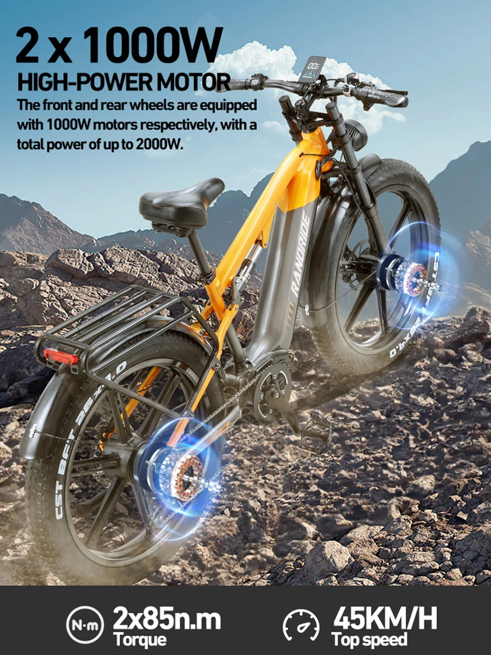 RANDRIDE YX80M 2000W Powerful Motor 48V20AH Battery Full Suspension System Electric Bicycle 26-Inch Fat Tires Electric Bike