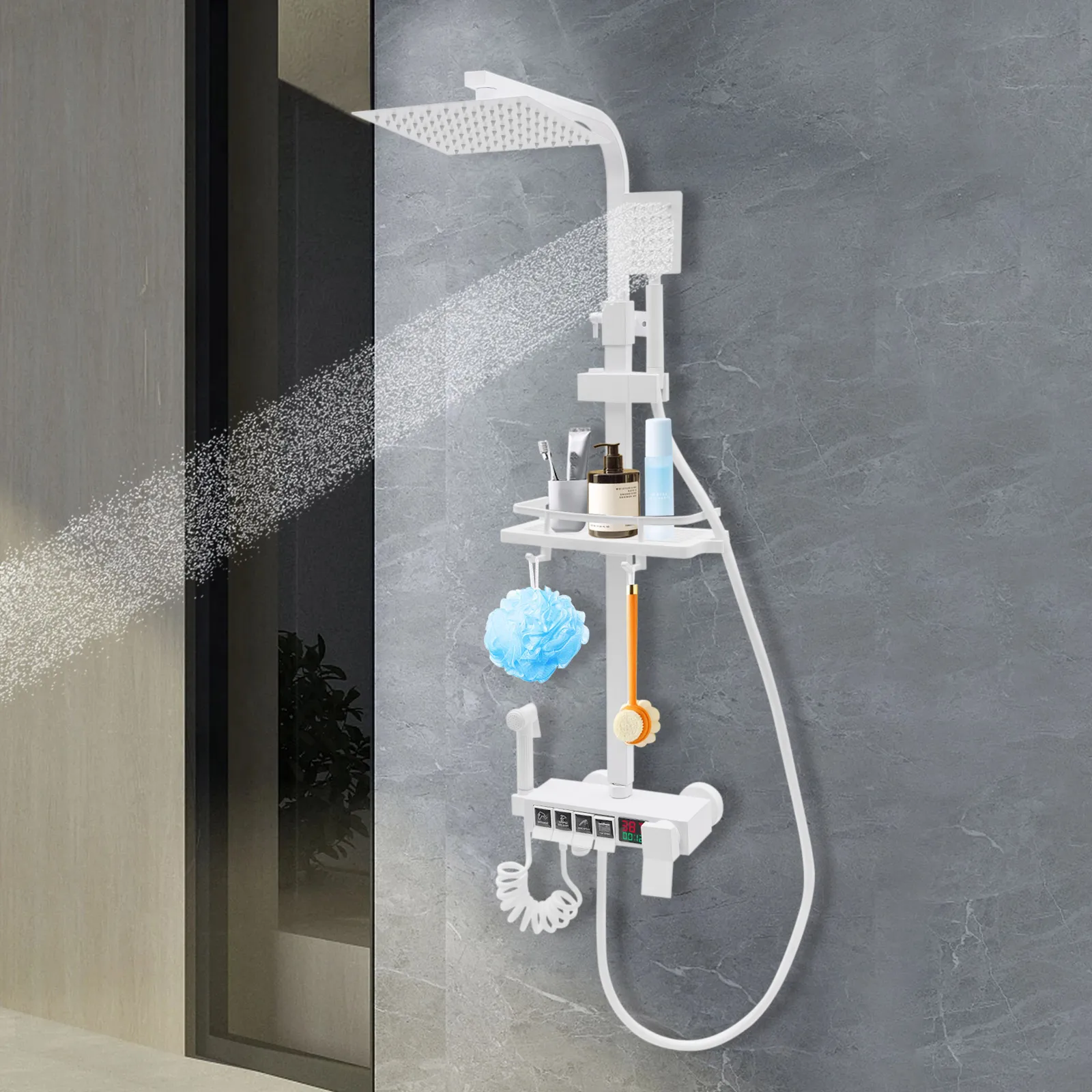 Modern White/Electroplated Digital Display Shower Faucet Set | Piano Style Rainfall Faucet W/ Storage