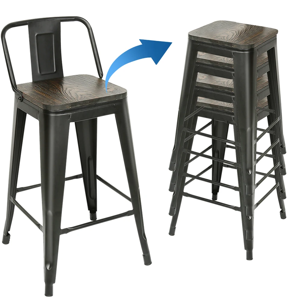 Set of 4 metal bar stools, 84 cm high, with backrest. Stackable vintage/industrial stool for bars, bistros, terraces & cafes