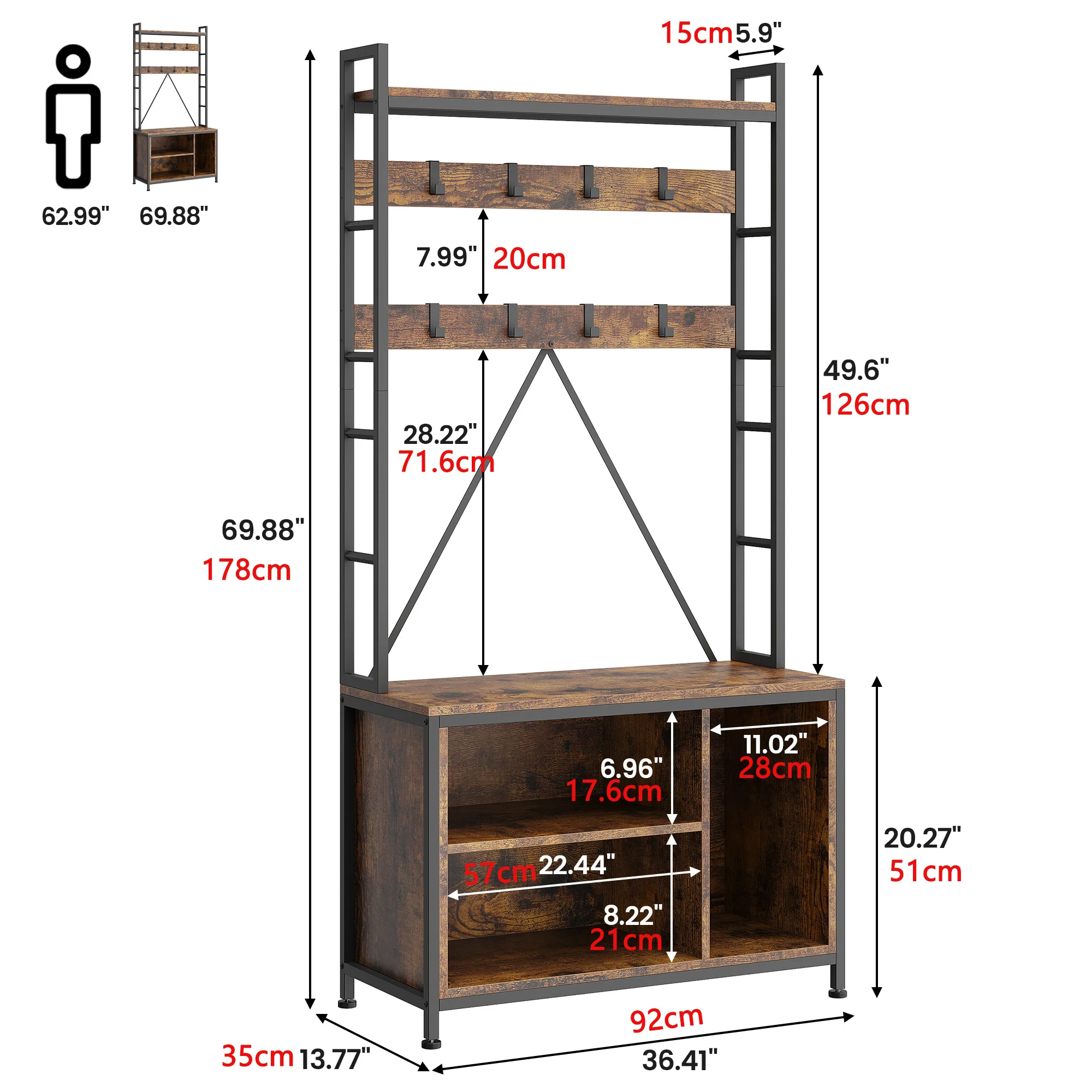 Hall Tree Tall Entryway Bench with Coat Rack Industrial Shoe Bench with 8 Hooks and Wall Shelf Shoe Storage for Hallway Bedroom