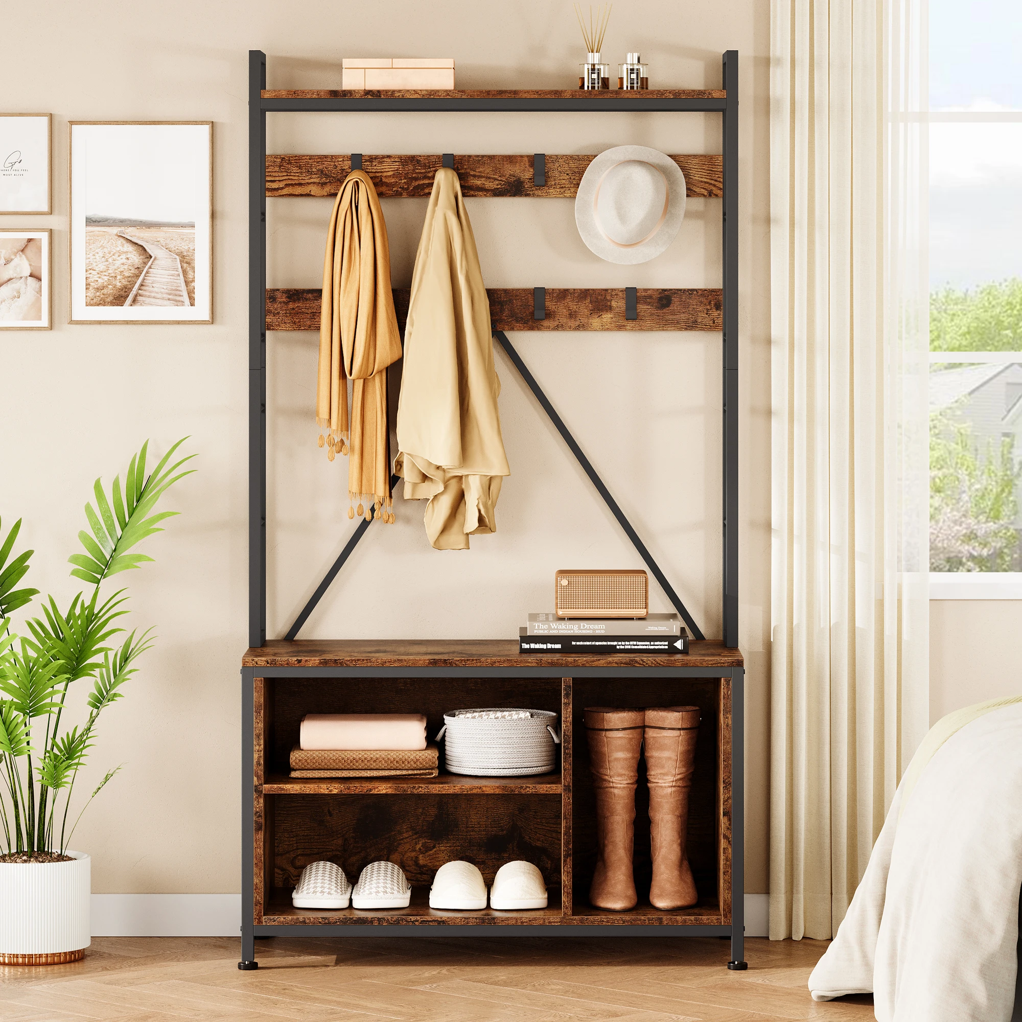 Hall Tree Tall Entryway Bench with Coat Rack Industrial Shoe Bench with 8 Hooks and Wall Shelf Shoe Storage for Hallway Bedroom