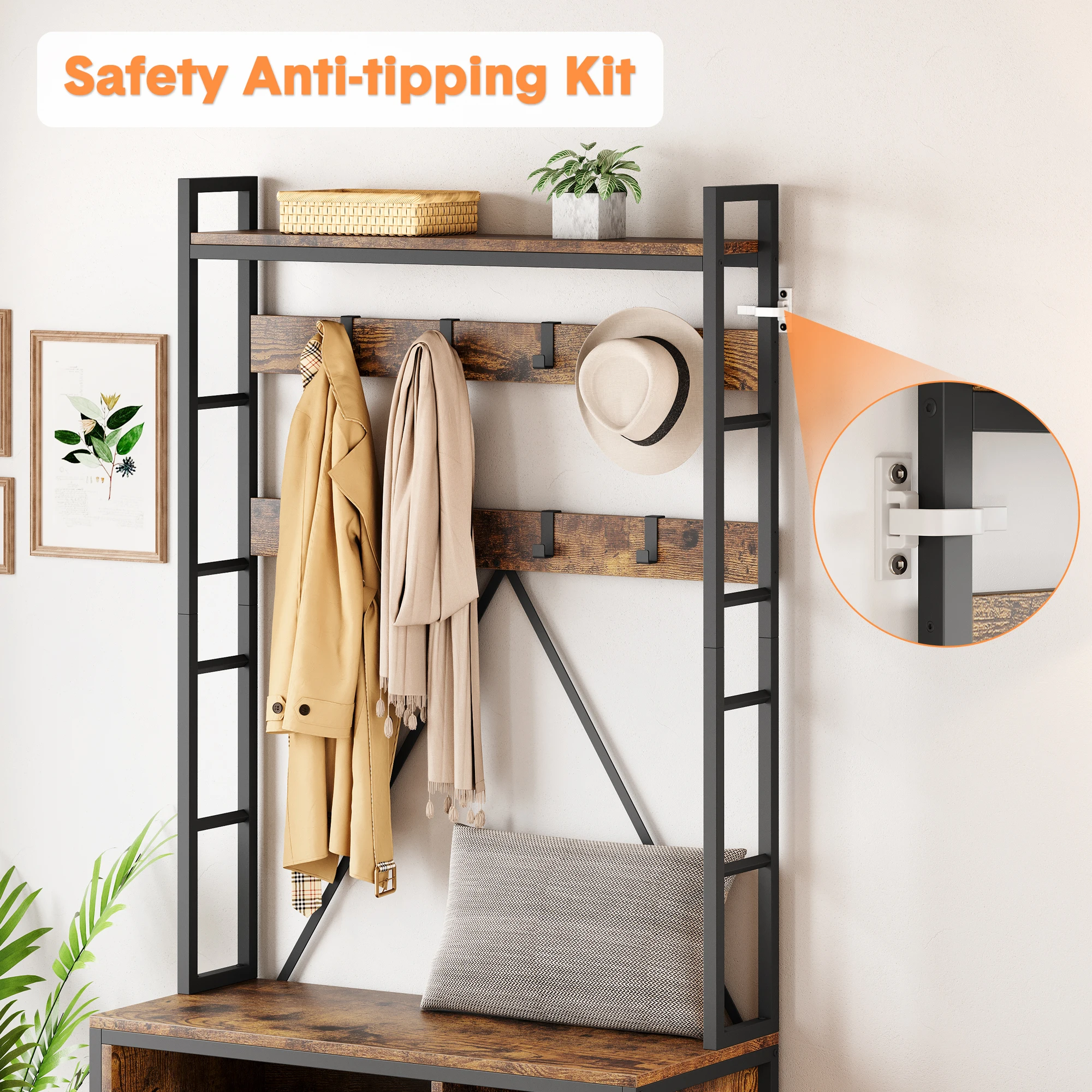 Hall Tree Tall Entryway Bench with Coat Rack Industrial Shoe Bench with 8 Hooks and Wall Shelf Shoe Storage for Hallway Bedroom