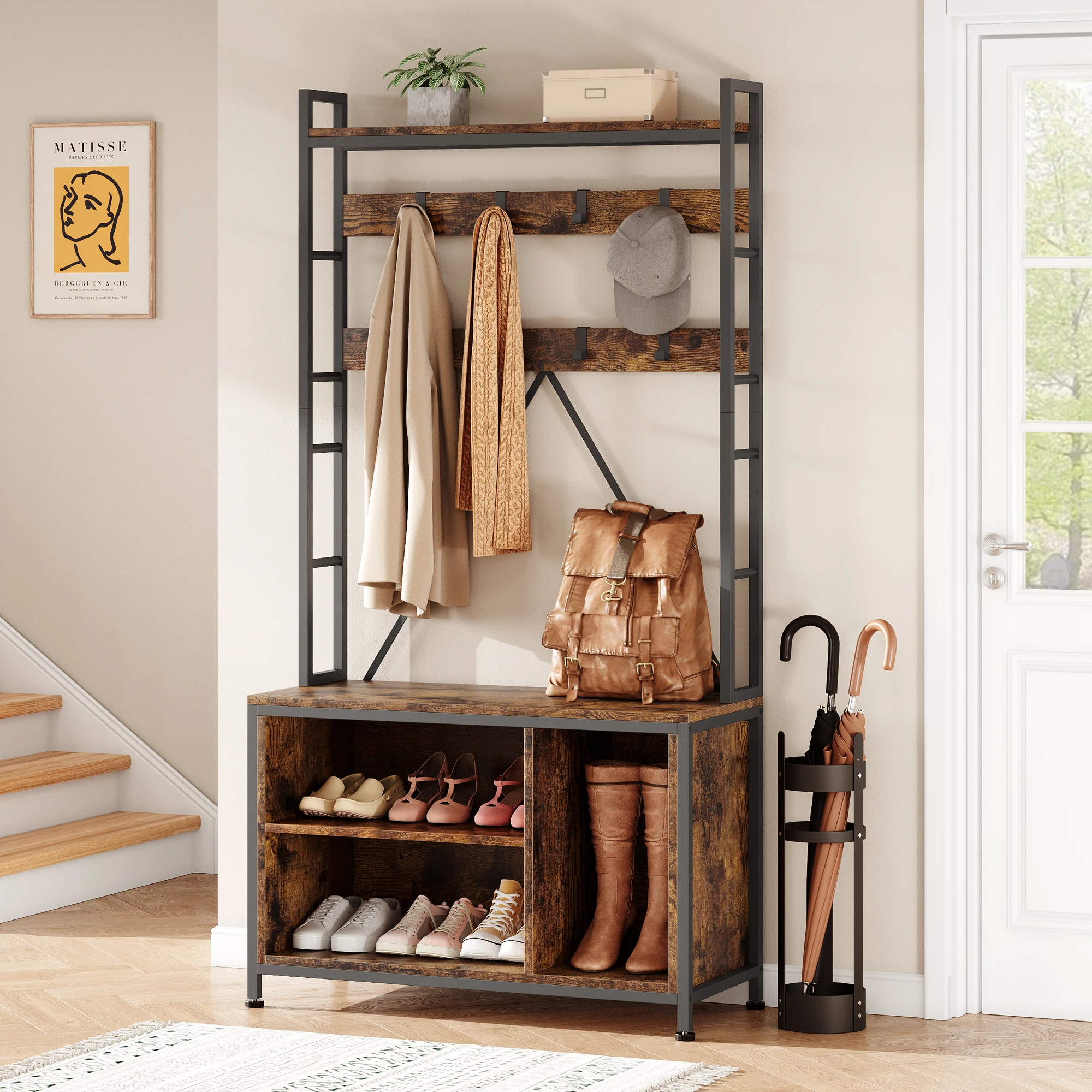 Hall Tree Tall Entryway Bench with Coat Rack Industrial Shoe Bench with 8 Hooks and Wall Shelf Shoe Storage for Hallway Bedroom