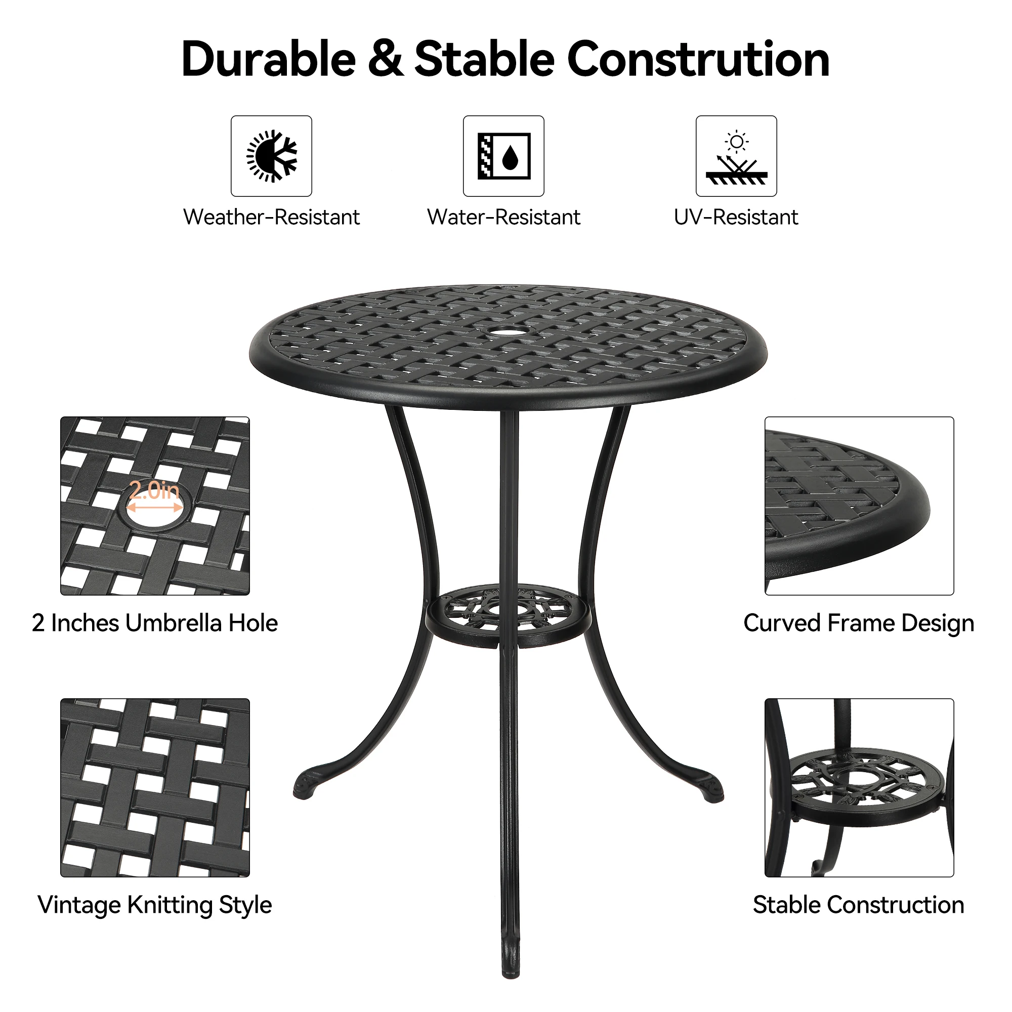 Compact 24" Round Cast Aluminum Bistro Table – Outdoor Coffee Table with Umbrella Hole, Rust-Resistant for Garden, Balcony
