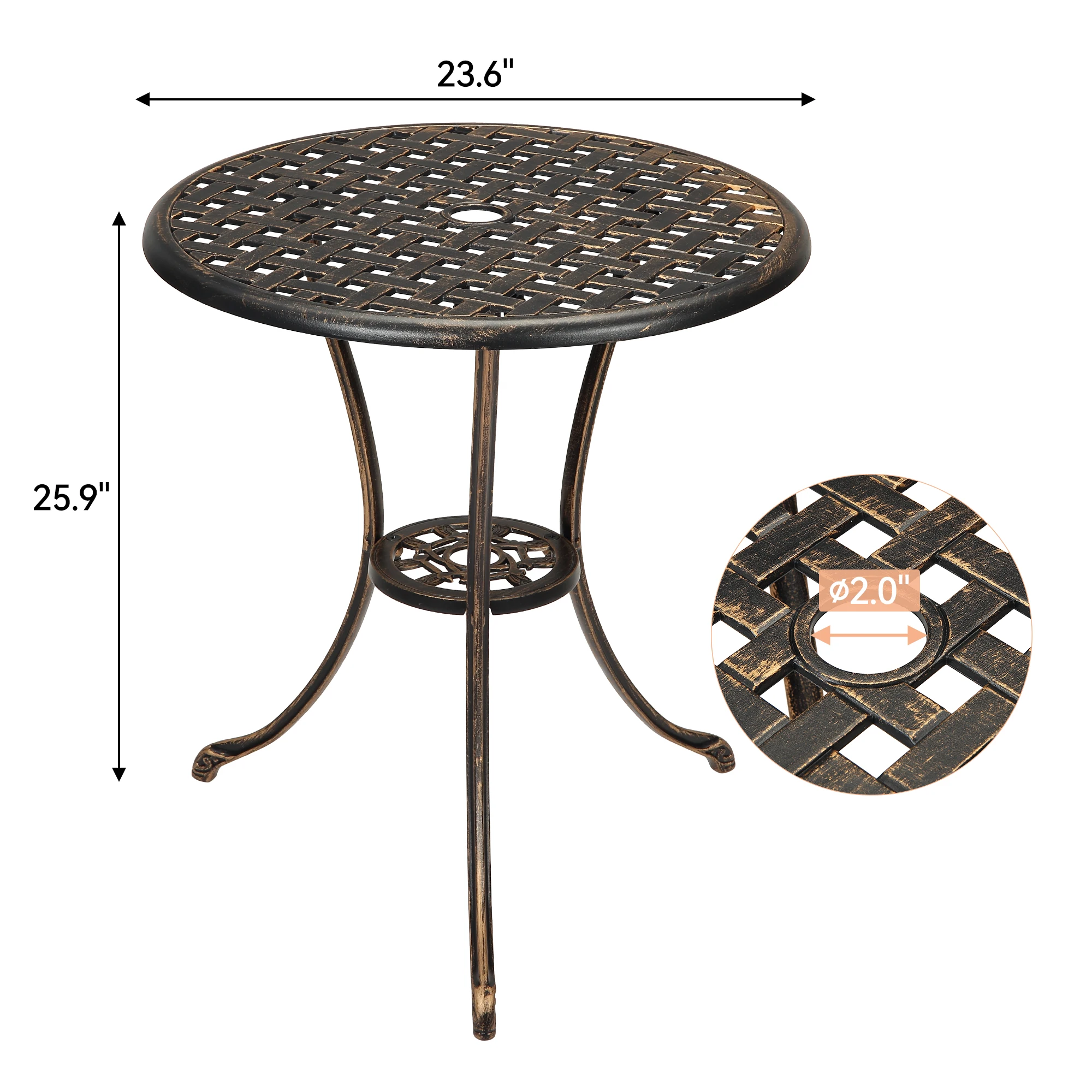 Compact 24" Round Cast Aluminum Bistro Table – Outdoor Coffee Table with Umbrella Hole, Rust-Resistant for Garden, Balcony
