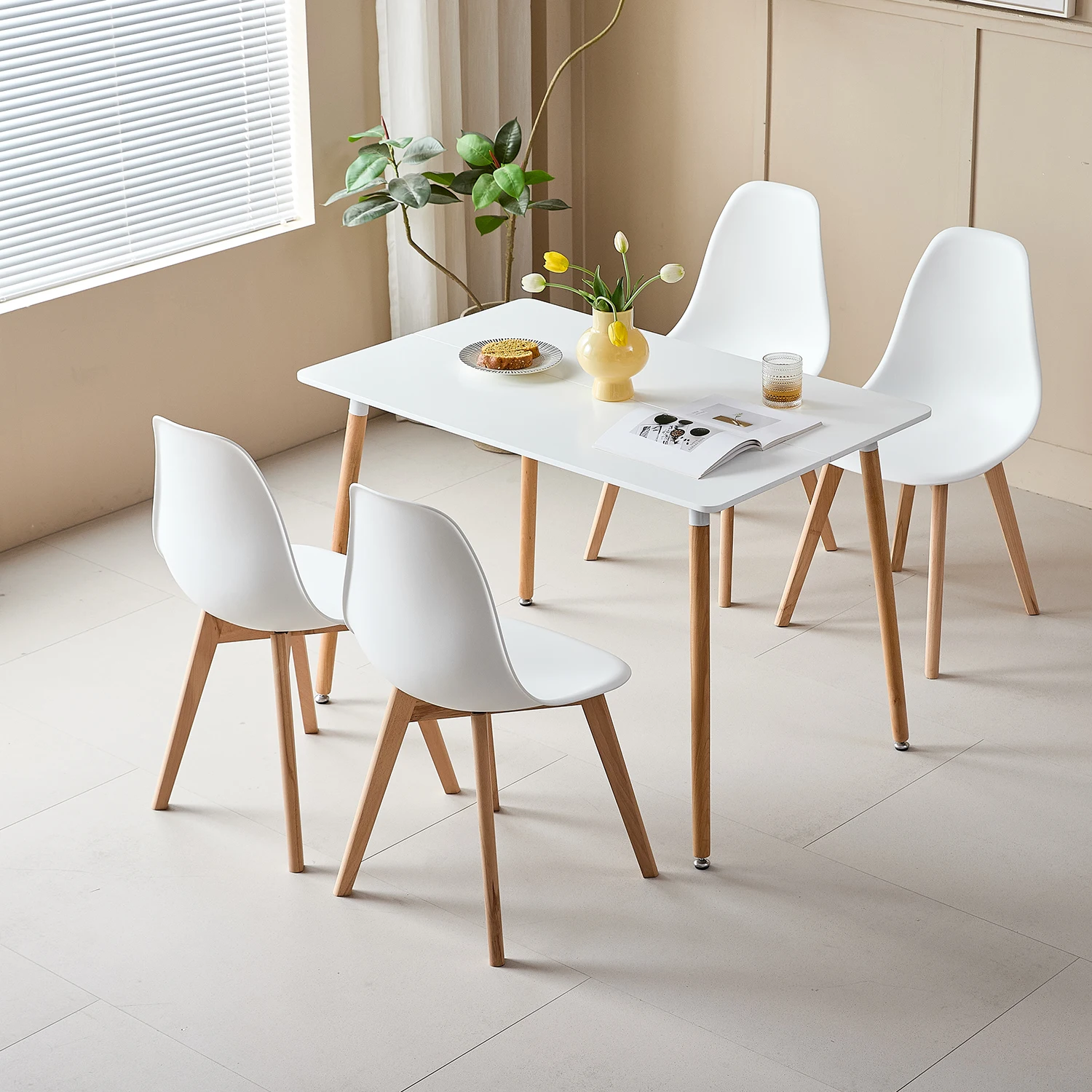 Rectangle Dining Table Set and 4Pcs Nordic Medieval Style Dining Chairs Wooden Legs for Living Room Dining Room Kitchen White