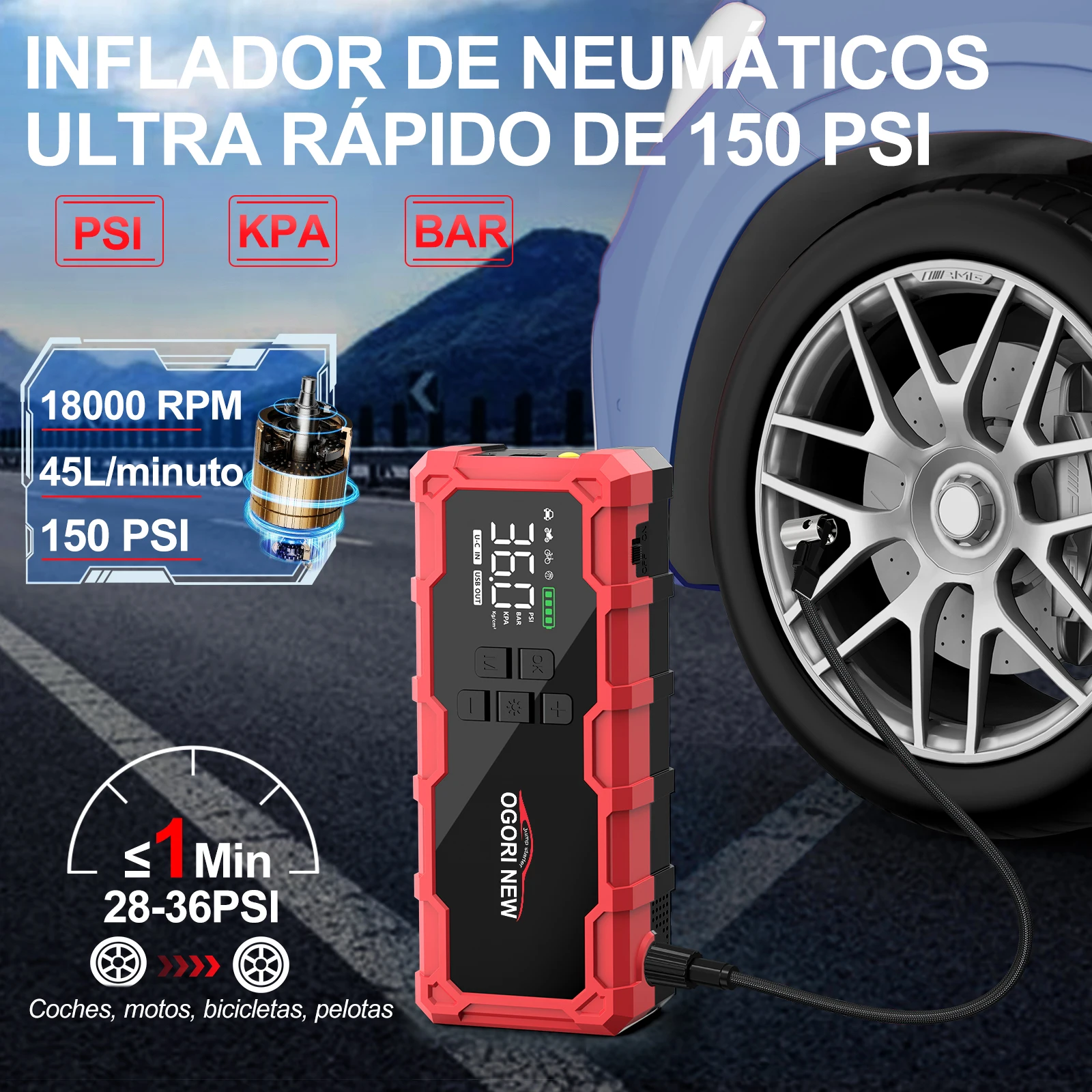Jump Starter with Air Compressor 150PSI, 8000/9000A Portable Car Battery Booster (All Gas/16L Diesel)