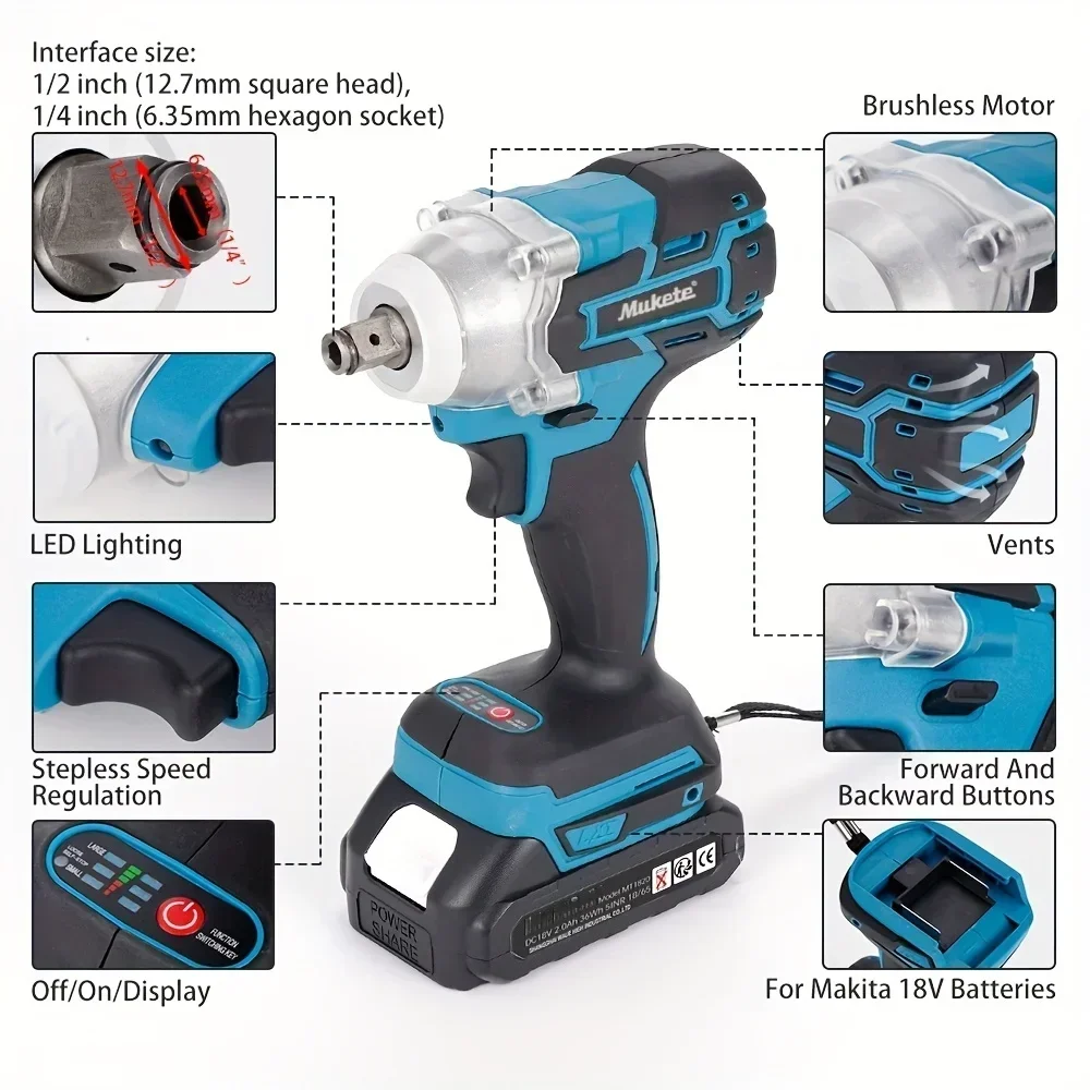 500N.m Brushless Motor Electric Impact Wrench 2×21V Li-ion Battery Strong Torque Cordless Wrench Impact Screwdriver Tool