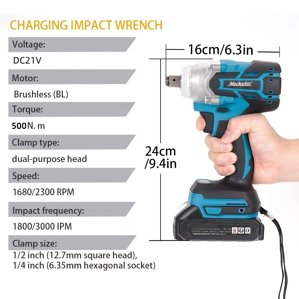 500N.m Brushless Motor Electric Impact Wrench 2×21V Li-ion Battery Strong Torque Cordless Wrench Impact Screwdriver Tool