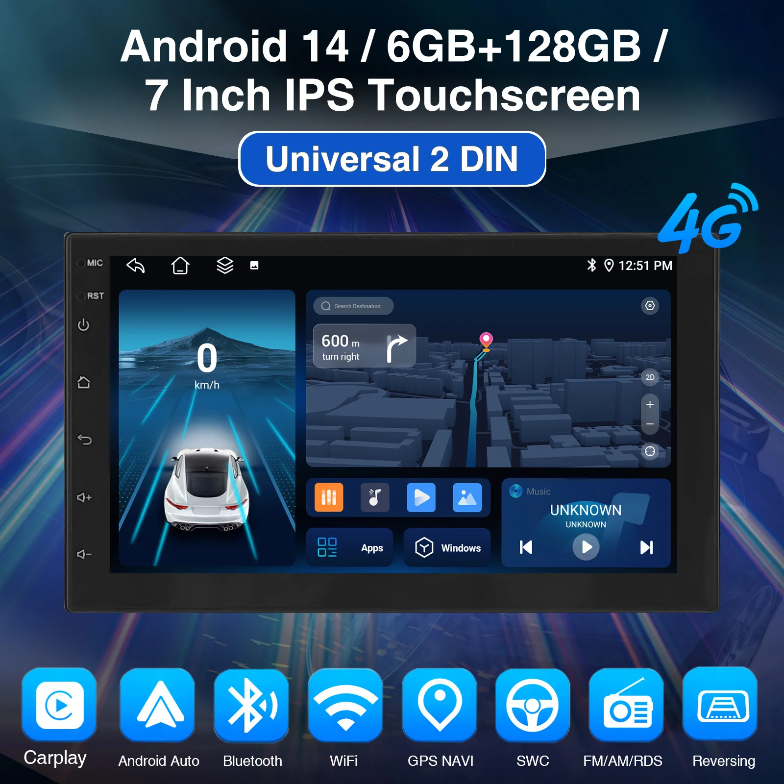 ESSGOO Android 14 6+128G Universal 2DIN 7" Car Radio Carplay Android Auto GPS Navigation AM RDS Bluetooth WIFI 4G FM Mirror Link