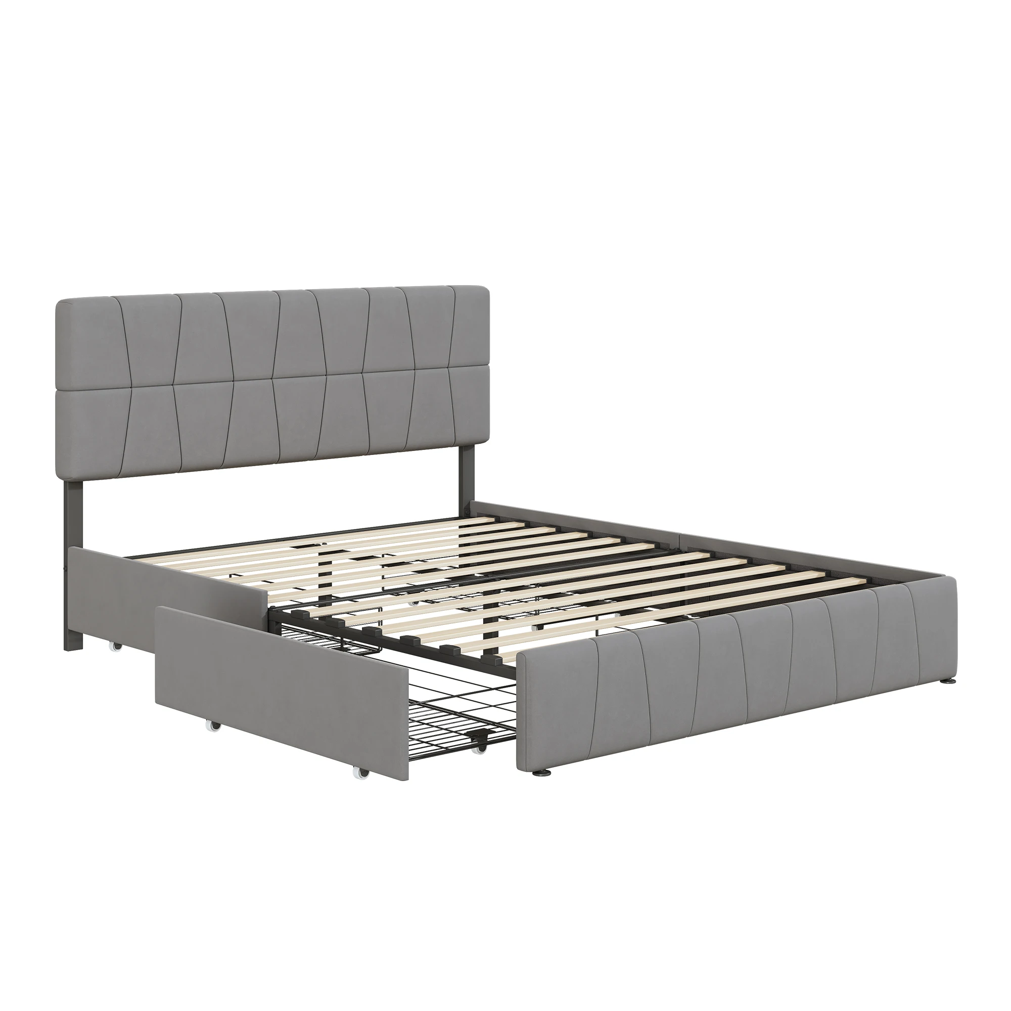 Rosahqnda Double Bed 140x200cm Upholstered Bed with Slatted Frame,4 Drawers & Headboard,Grey Velvet, Youth Bed Without Mattress