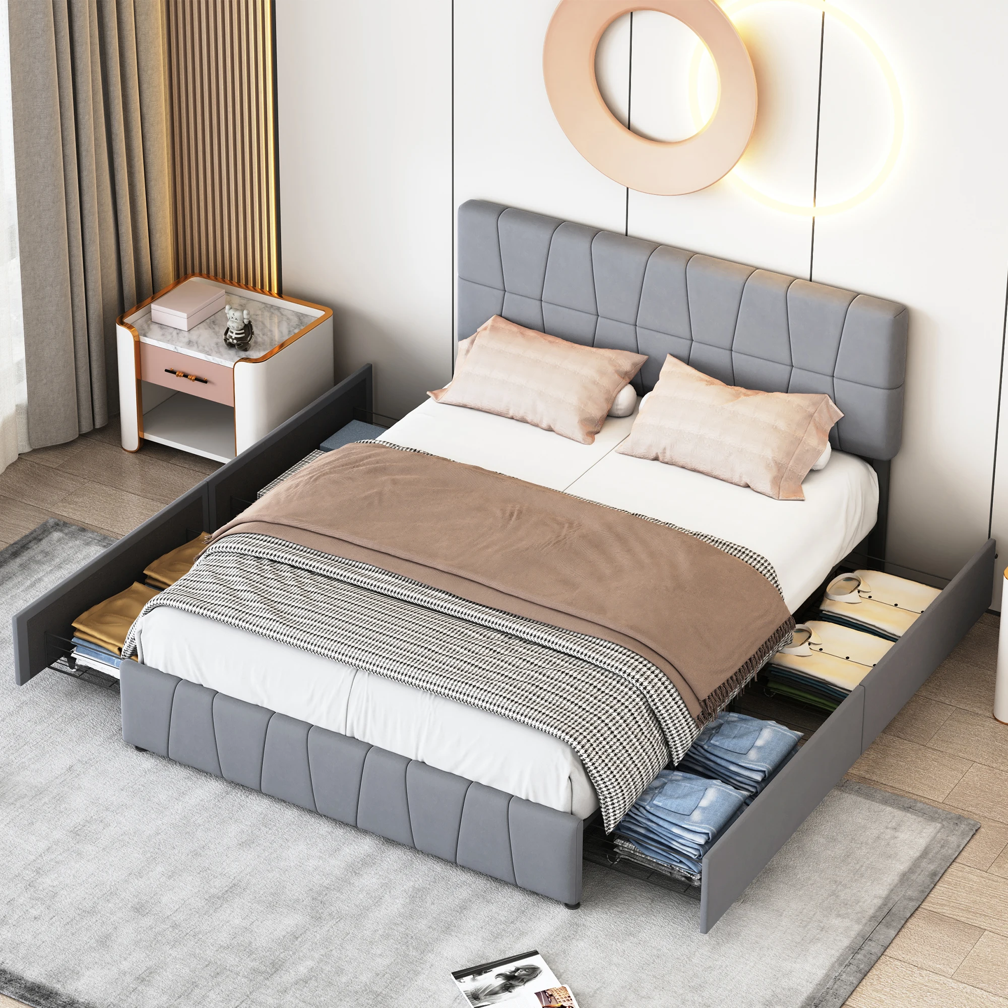 Rosahqnda Double Bed 140x200cm Upholstered Bed with Slatted Frame,4 Drawers & Headboard,Grey Velvet, Youth Bed Without Mattress
