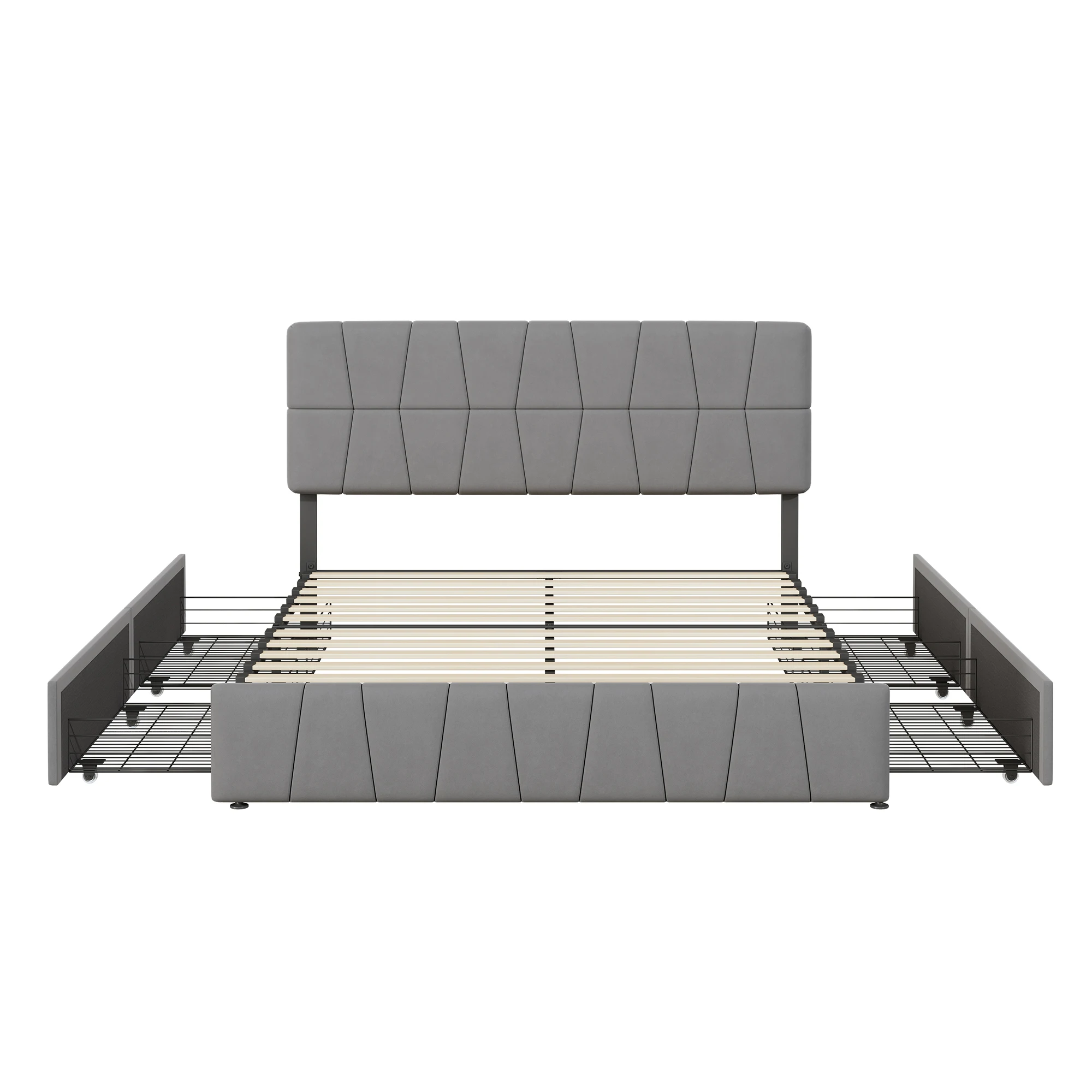 Rosahqnda Double Bed 140x200cm Upholstered Bed with Slatted Frame,4 Drawers & Headboard,Grey Velvet, Youth Bed Without Mattress