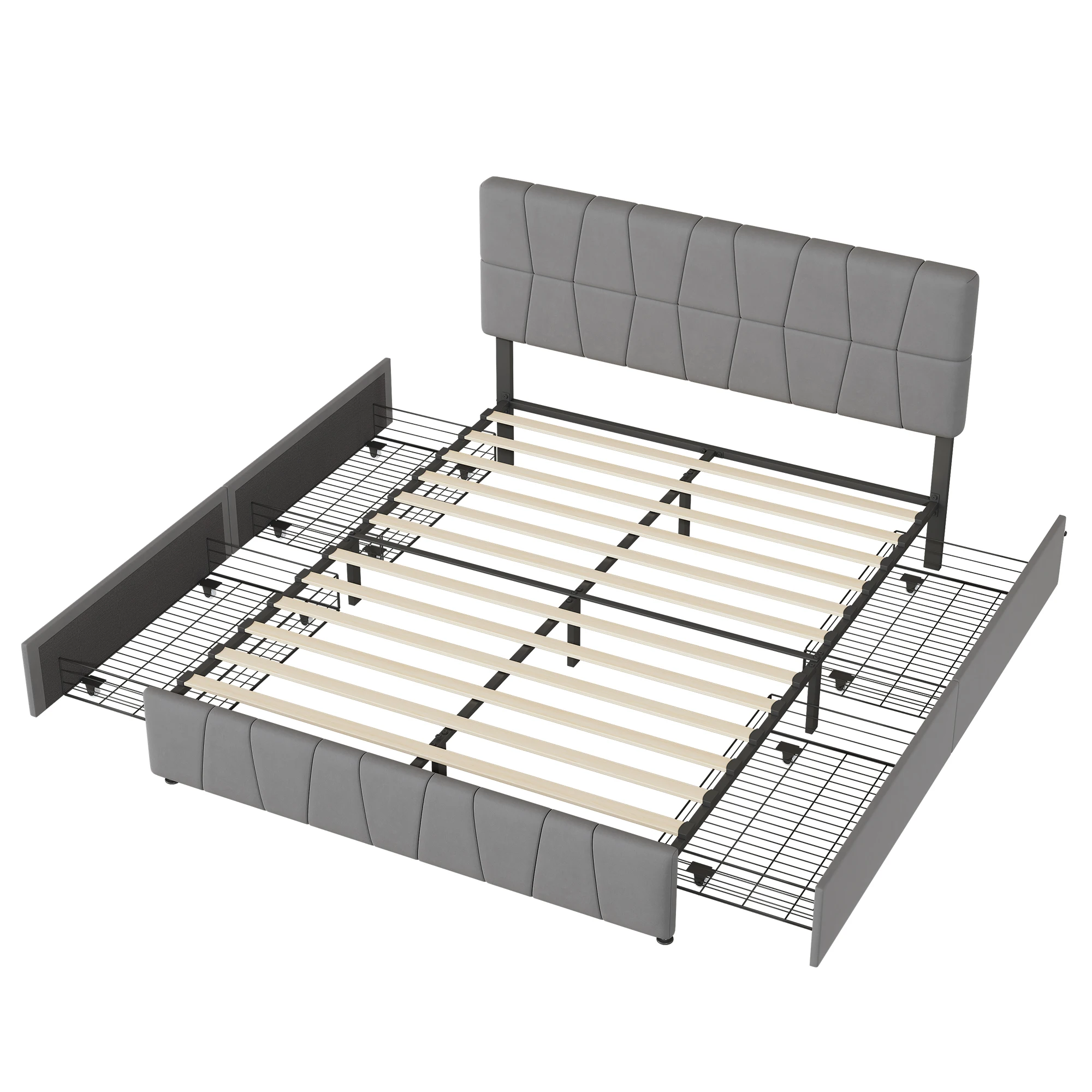 Rosahqnda Double Bed 140x200cm Upholstered Bed with Slatted Frame,4 Drawers & Headboard,Grey Velvet, Youth Bed Without Mattress