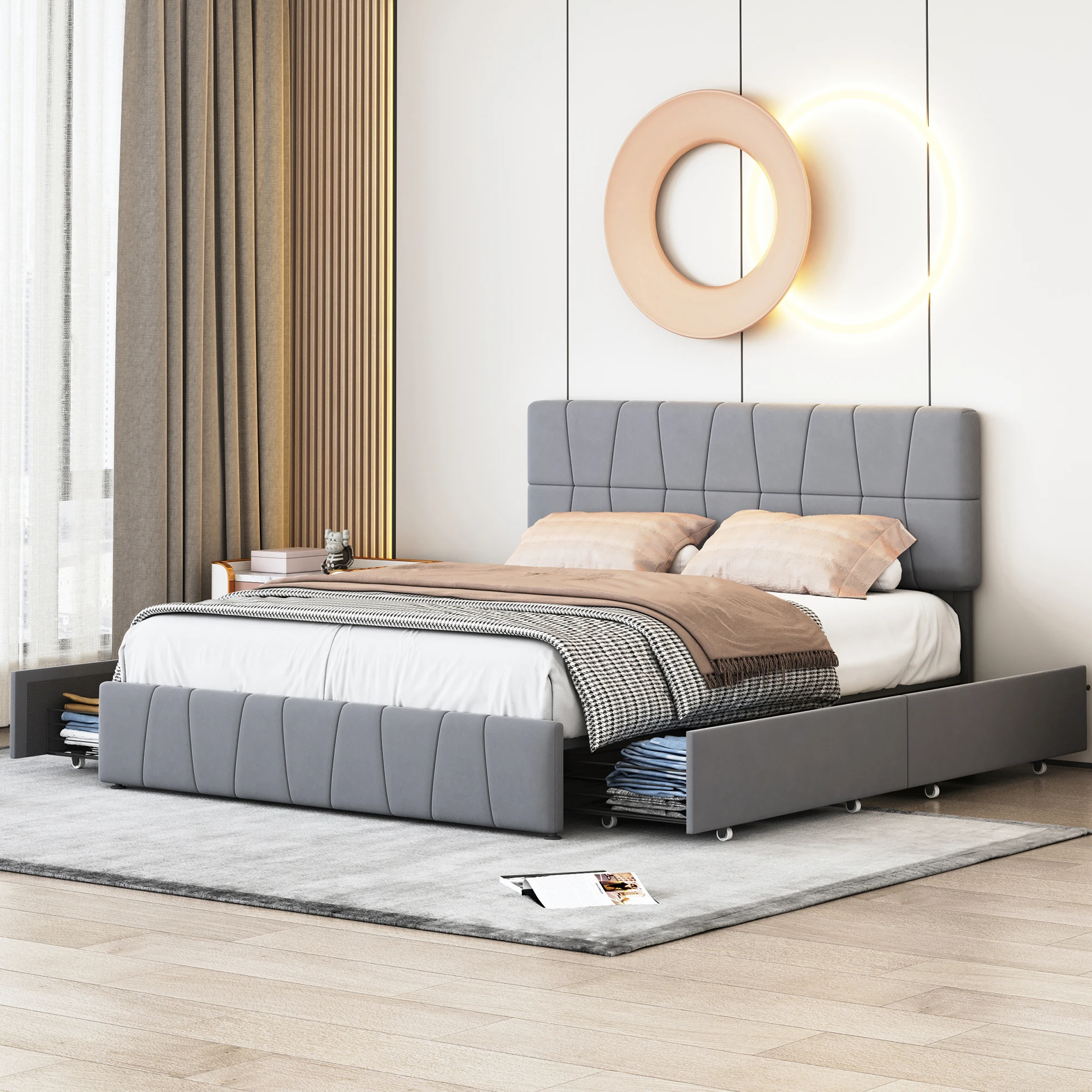 Rosahqnda Double Bed 140x200cm Upholstered Bed with Slatted Frame,4 Drawers & Headboard,Grey Velvet, Youth Bed Without Mattress
