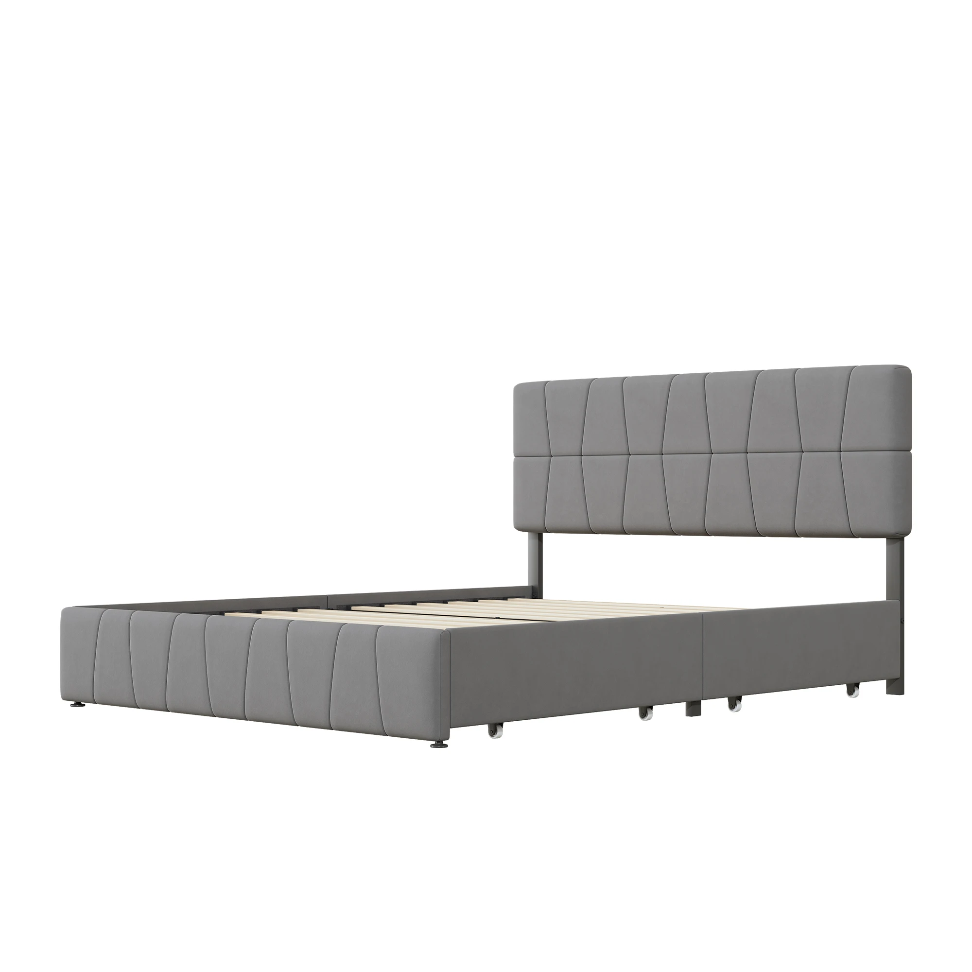 Rosahqnda Double Bed 140x200cm Upholstered Bed with Slatted Frame,4 Drawers & Headboard,Grey Velvet, Youth Bed Without Mattress
