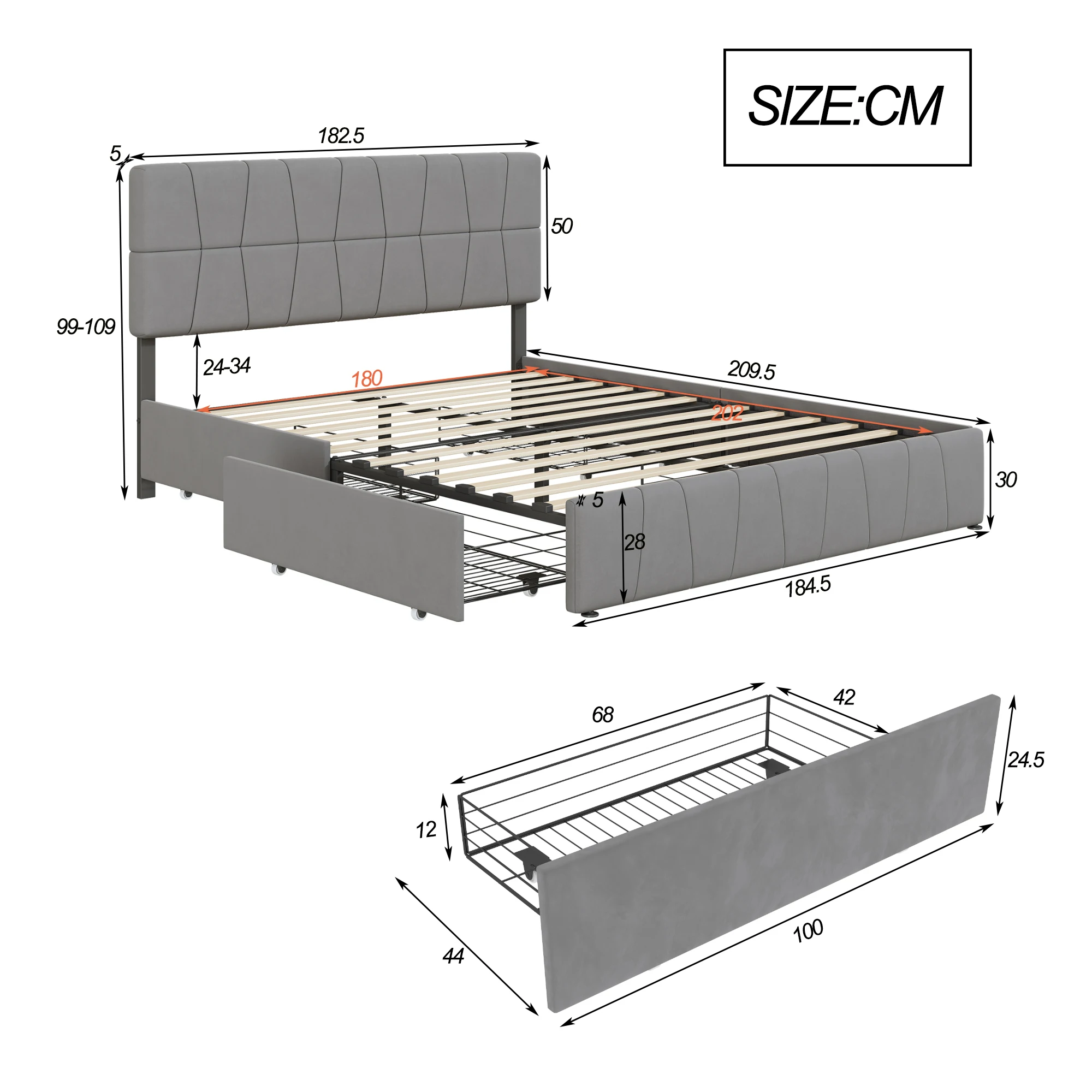 Rosahqnda Double Bed 140x200cm Upholstered Bed with Slatted Frame,4 Drawers & Headboard,Grey Velvet, Youth Bed Without Mattress