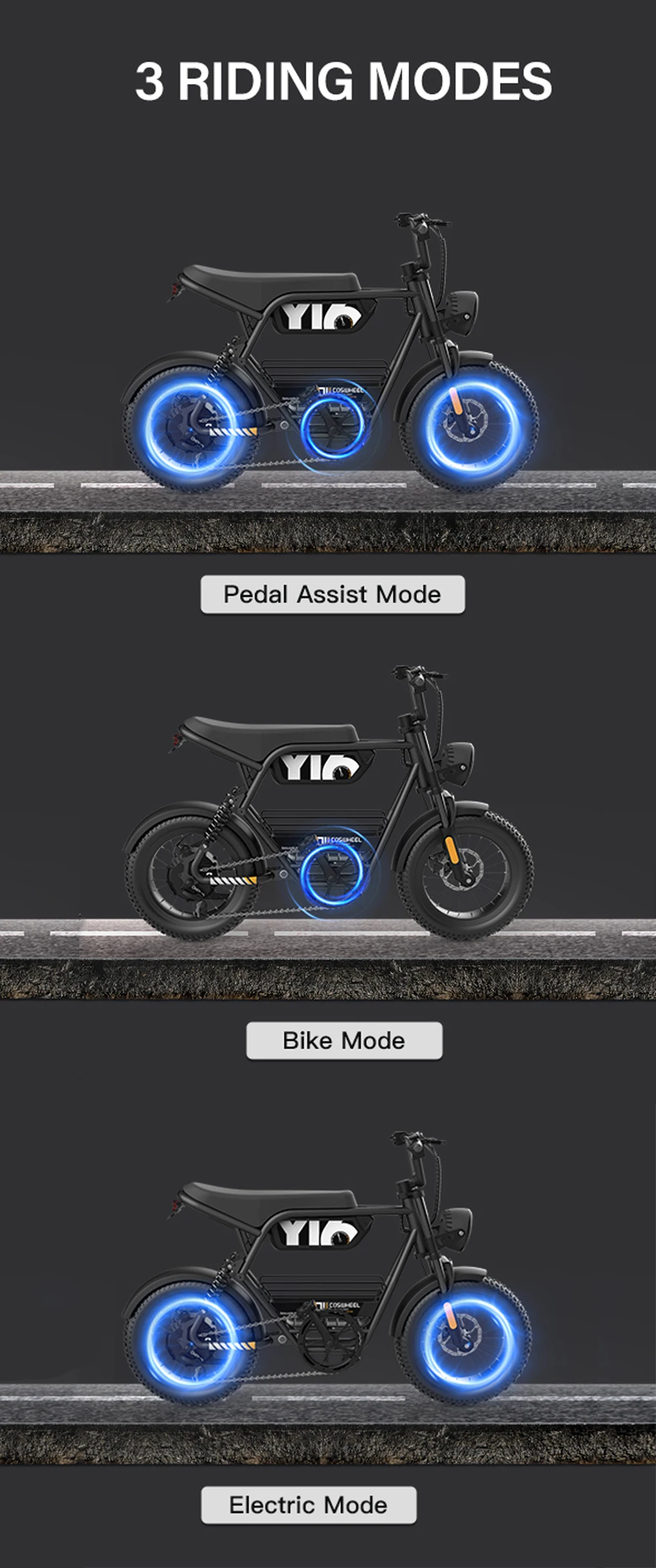 Coswheel Electric bike 1000W Electric Mountain Bikes Off Road Motorcycle 16Inch 48V 15AH Commuter Electric bicycle ebike