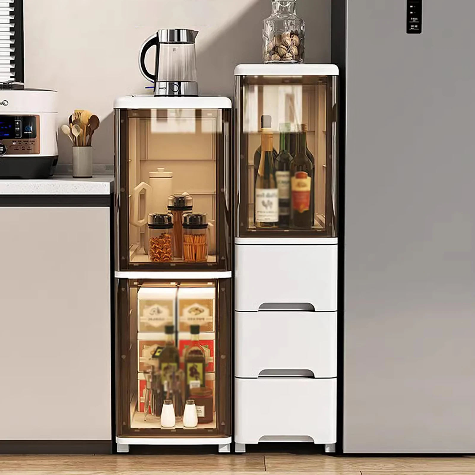 Bathroom Cabinet with Drawer Space-Saving Small Narrow Side Toilet Shelf Organizer Plastic Floor Corner Cabinet for Compact Room