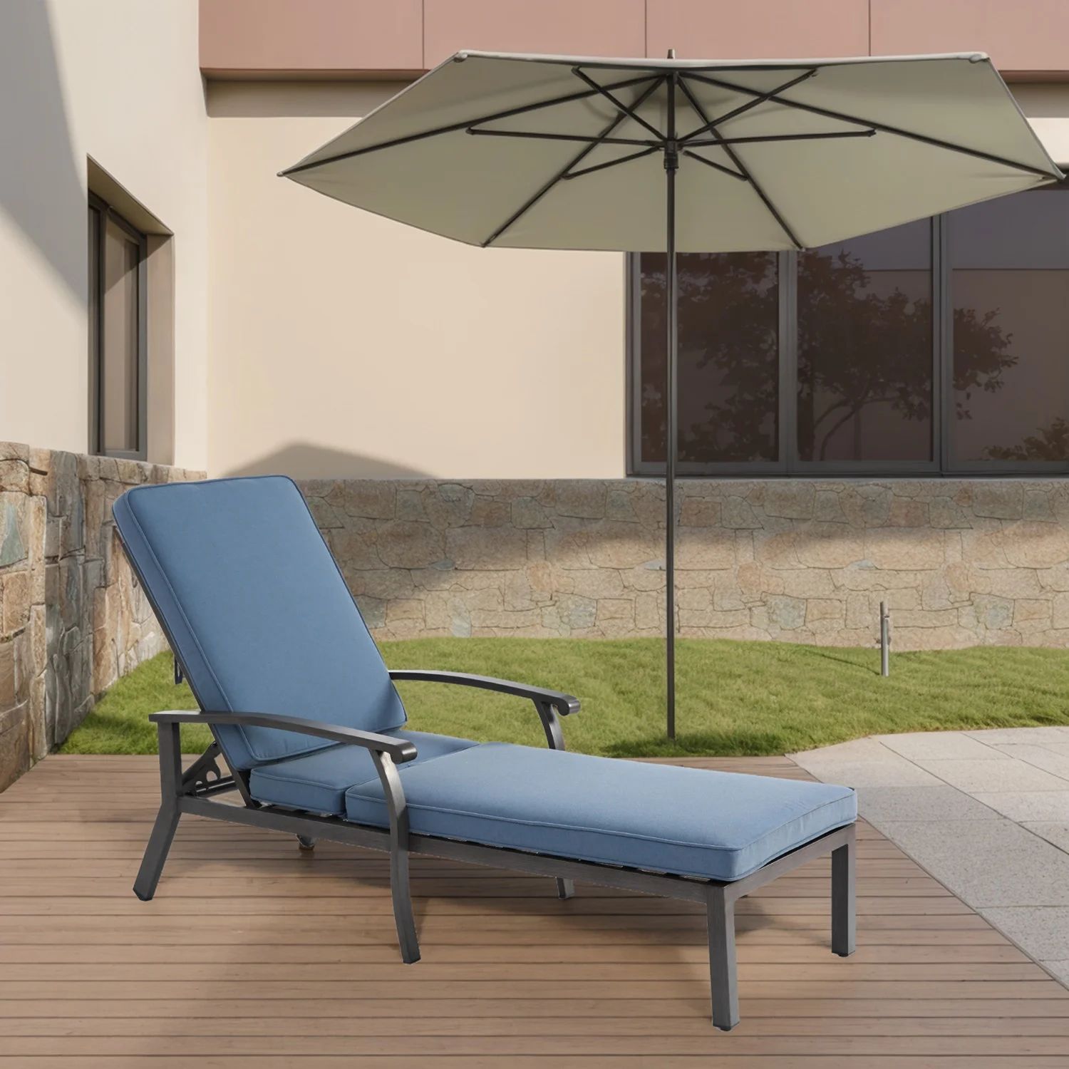 Lounge Patio Chair with Cushion, Adjustable Reclining Rust-Resistant Aluminum Poolside Chaise Lounge Furniture, Waterproof(1pc)