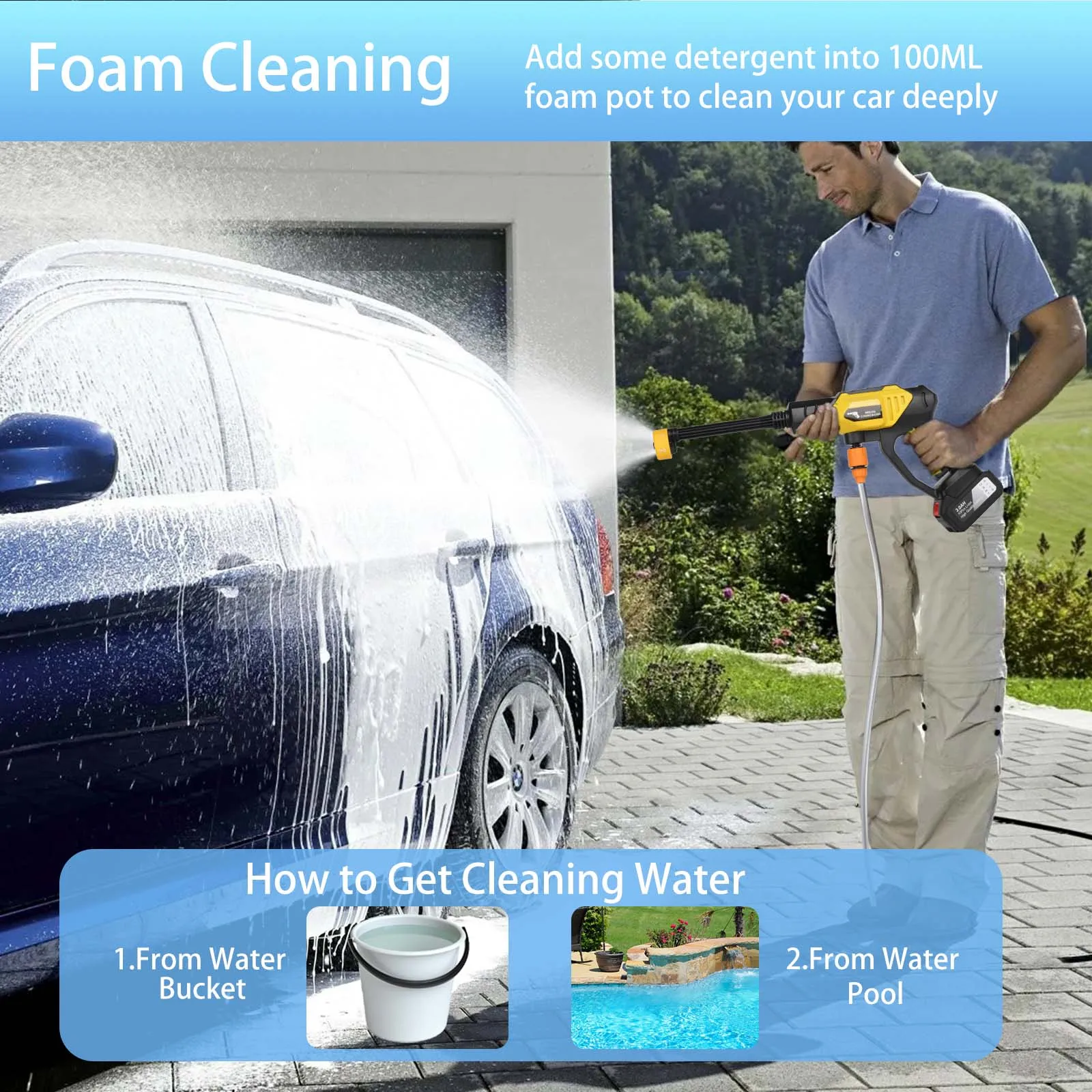 6in1 Wireless Car Wash Gun 30Bar High Pressure 1500mAh Battery 5M Hose Foam Kettle Cordless Car Washer for Home/Yard Cleaning