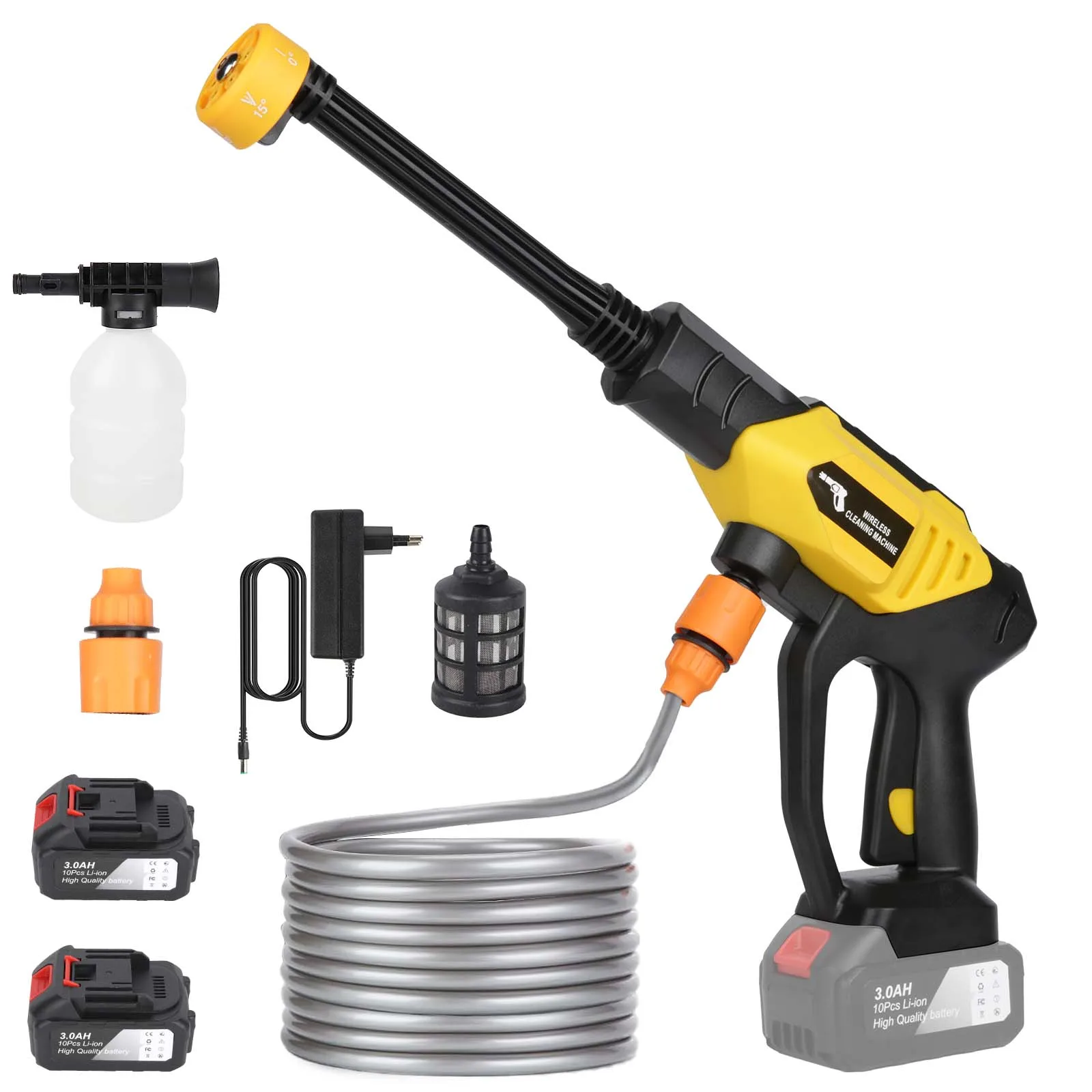 6in1 Wireless Car Wash Gun 30Bar High Pressure 1500mAh Battery 5M Hose Foam Kettle Cordless Car Washer for Home/Yard Cleaning