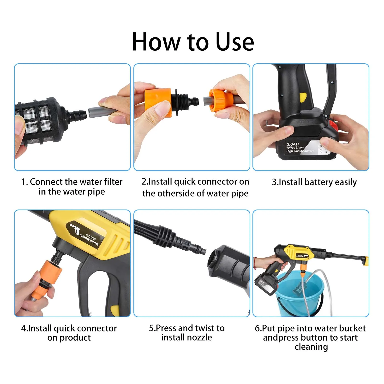 6in1 Wireless Car Wash Gun 30Bar High Pressure 1500mAh Battery 5M Hose Foam Kettle Cordless Car Washer for Home/Yard Cleaning