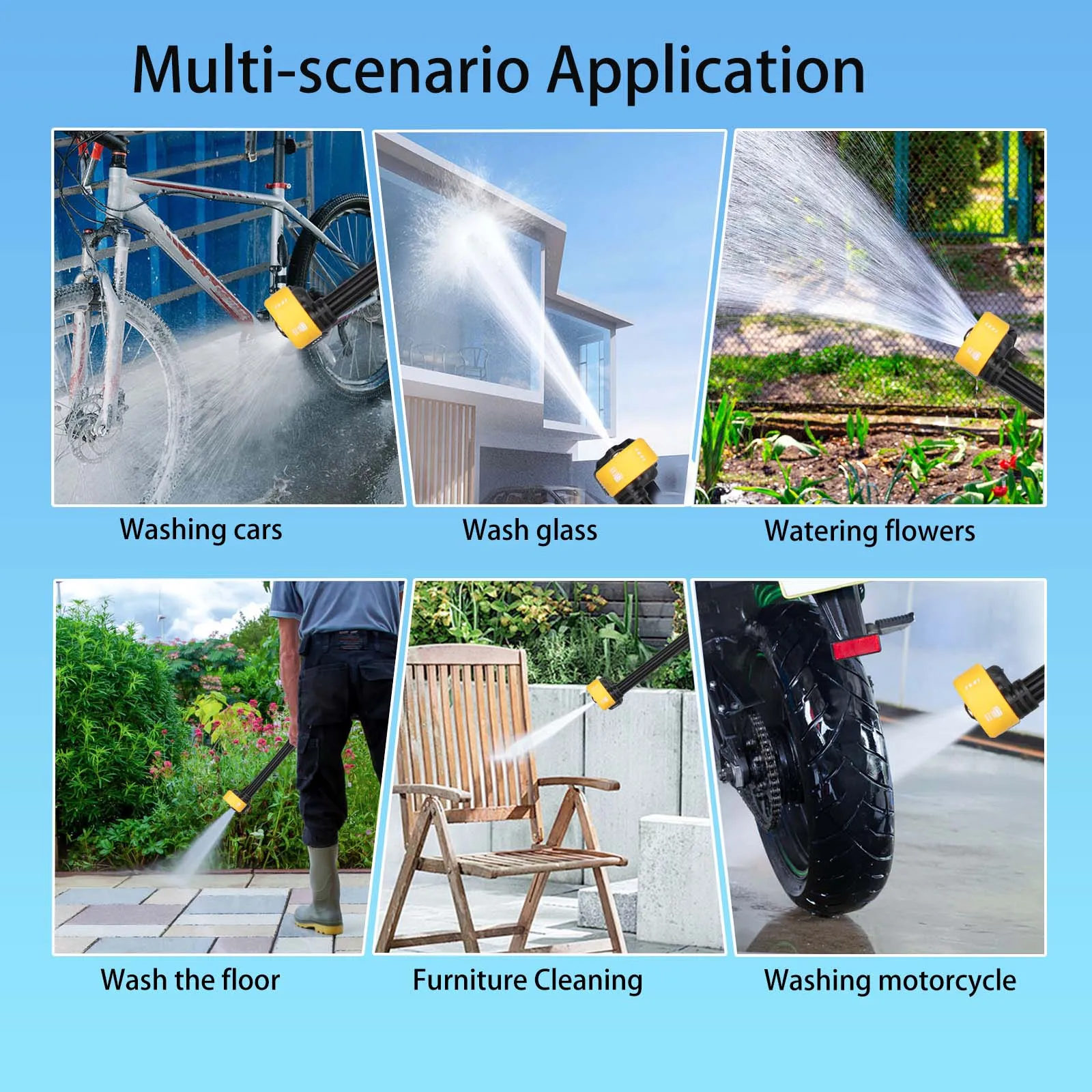6in1 Wireless Car Wash Gun 30Bar High Pressure 1500mAh Battery 5M Hose Foam Kettle Cordless Car Washer for Home/Yard Cleaning