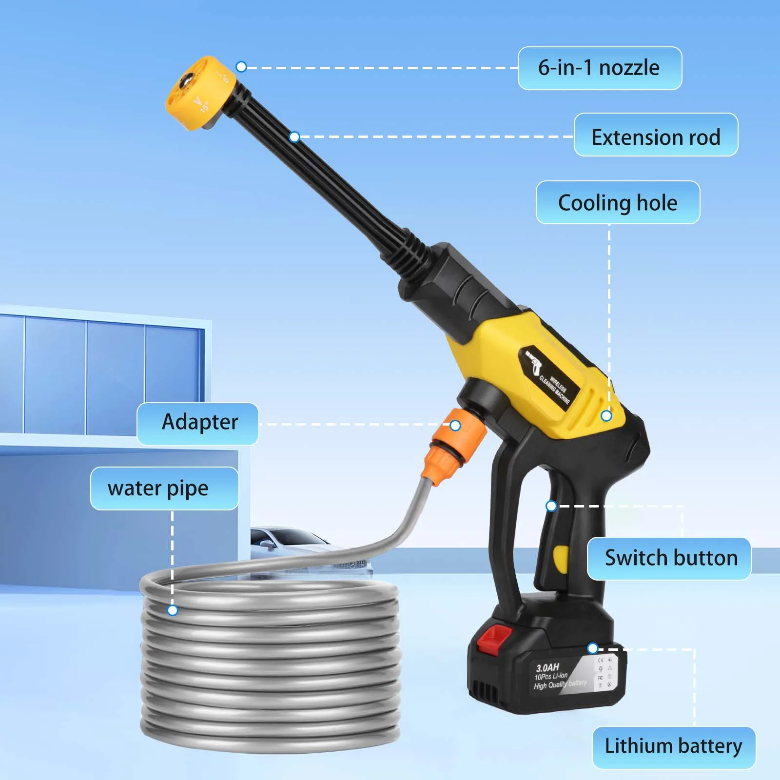 6in1 Wireless Car Wash Gun 30Bar High Pressure 1500mAh Battery 5M Hose Foam Kettle Cordless Car Washer for Home/Yard Cleaning